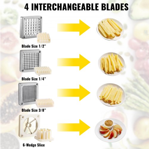 VEVOR Picadora Manual Profesional de Patatas Fritas Cortador Multifunción de Verduras 4 Cuchillas de Acero Inoxidable Cortador de 6 Cuartos Rodajas de Patata Palitos de Fruta para Cocinas Restaurantes