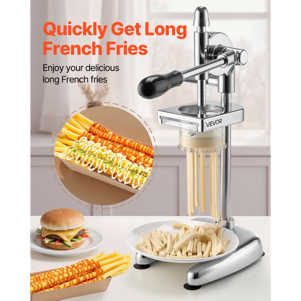 VEVOR Commercial French Fry Cutter, Stainless Steel Fried Potato Strips Squeezer, Long French Fries Maker with Pull-out Extruder, Manual Mashed Potato Squeezer Machine for Restaurants & Home Kitchen