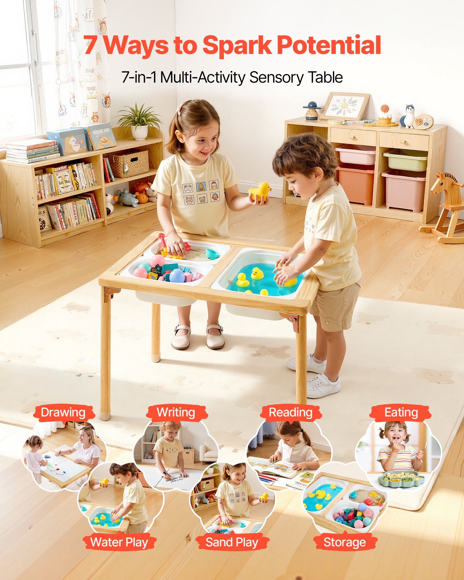 VEVOR Mesa Sensorial para Niños Plegable, Mesa de Madera de Actividades Infantil, con Tablerode Dibujo de Doble Cara Cajas de Almacenamiento, Multifuncional para Juegos Educación Exploración de Niños