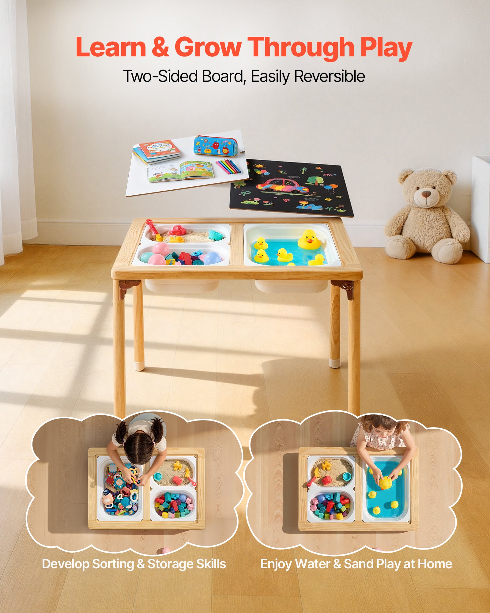 VEVOR Mesa Sensorial para Niños Plegable, Mesa de Madera de Actividades Infantil, con Tablerode Dibujo de Doble Cara Cajas de Almacenamiento, Multifuncional para Juegos Educación Exploración de Niños