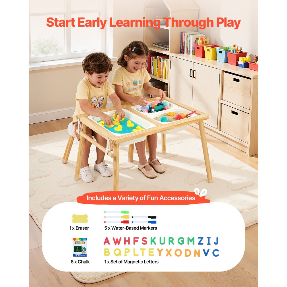 VEVOR Mesa Sensorial Infantil, Mesa de Madera de Actividades para Niños, con 2 Taburetes Tablero de Doble Cara y Cajas de Almacenamiento, Patas Antideslizantes, Multifuncional para Juegos Exploración
