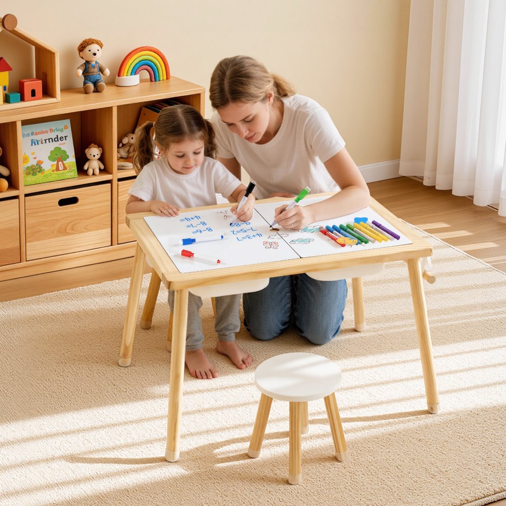 VEVOR Mesa Sensorial Infantil, Mesa de Madera de Actividades para Niños, con 2 Taburetes Tablero de Doble Cara y Cajas de Almacenamiento, Patas Antideslizantes, Multifuncional para Juegos Exploración