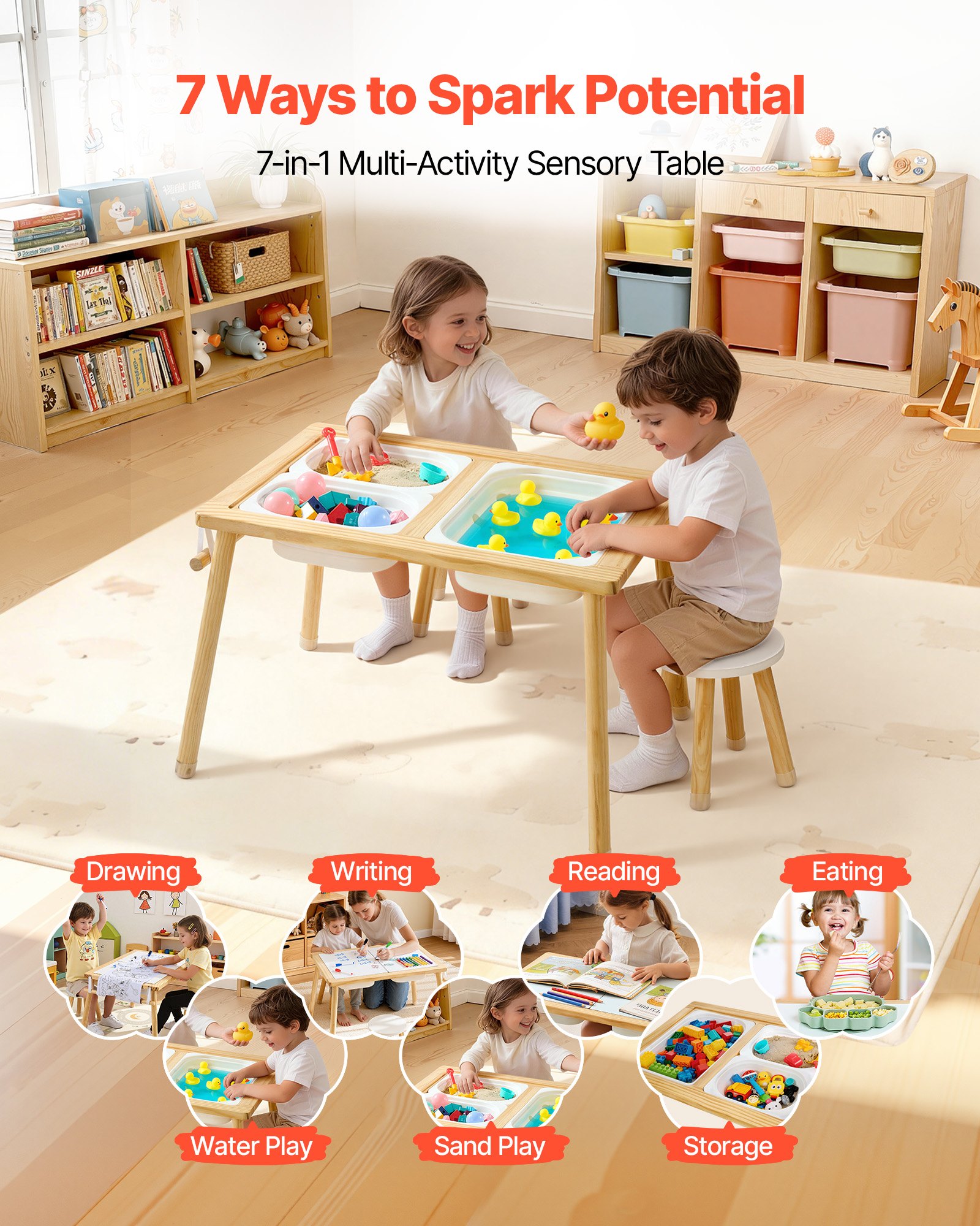 VEVOR Mesa Sensorial Infantil, Mesa de Madera de Actividades para Niños, con 2 Taburetes Tablero de Doble Cara y Cajas de Almacenamiento, Patas Antideslizantes, Multifuncional para Juegos Exploración