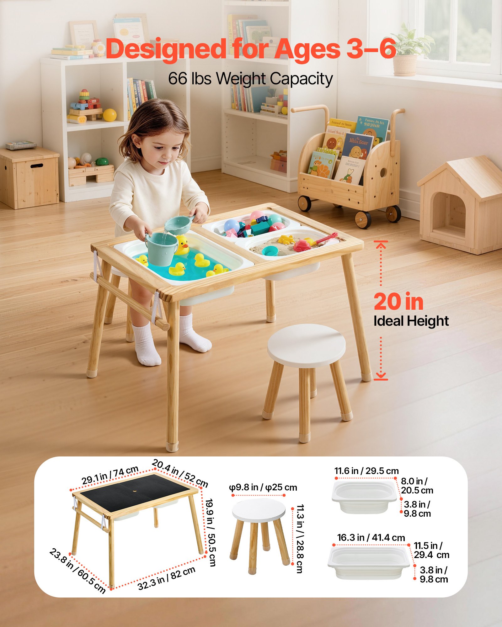 VEVOR Mesa Sensorial Infantil, Mesa de Madera de Actividades para Niños, con 2 Taburetes Tablero de Doble Cara y Cajas de Almacenamiento, Patas Antideslizantes, Multifuncional para Juegos Exploración