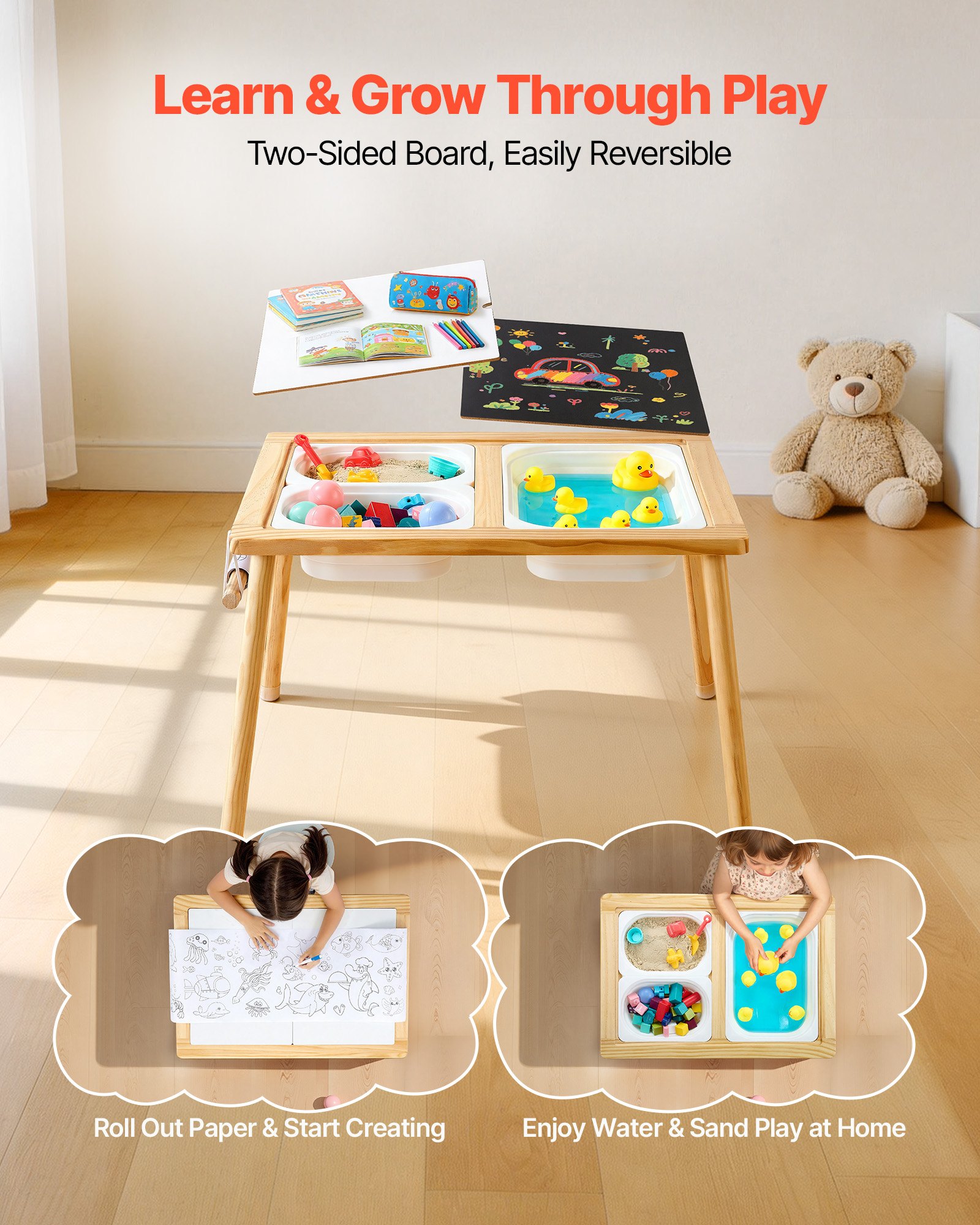 VEVOR Mesa Sensorial Infantil, Mesa de Madera de Actividades para Niños, con 2 Taburetes Tablero de Doble Cara y Cajas de Almacenamiento, Patas Antideslizantes, Multifuncional para Juegos Exploración
