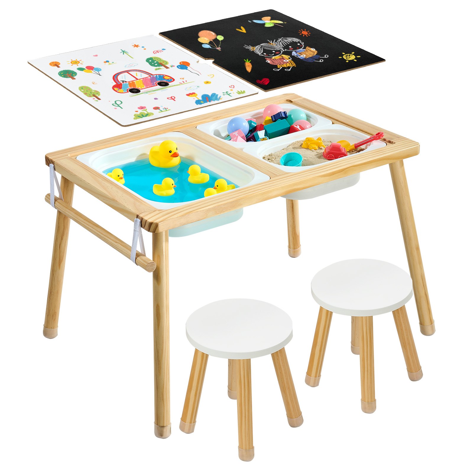 VEVOR Mesa Sensorial Infantil, Mesa de Madera de Actividades para Niños, con 2 Taburetes Tablero de Doble Cara y Cajas de Almacenamiento, Patas Antideslizantes, Multifuncional para Juegos Exploración