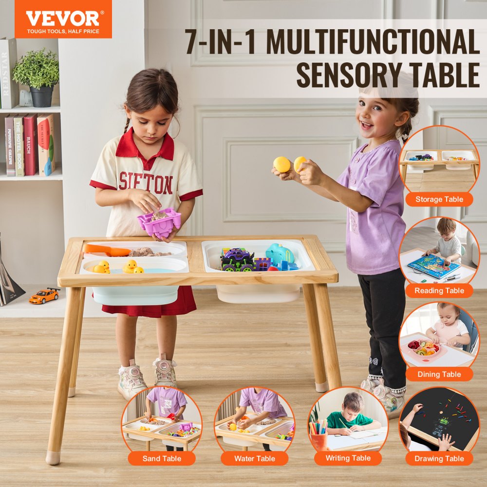 VEVOR Mesa Sensorial de Madera para Niños, Mesa de Actividades con 3 Contenedores de Almacenamiento Plegables y Tablero de Doble Cara, Mesa Sensorial de Agua y Arena para Juegos para Niños