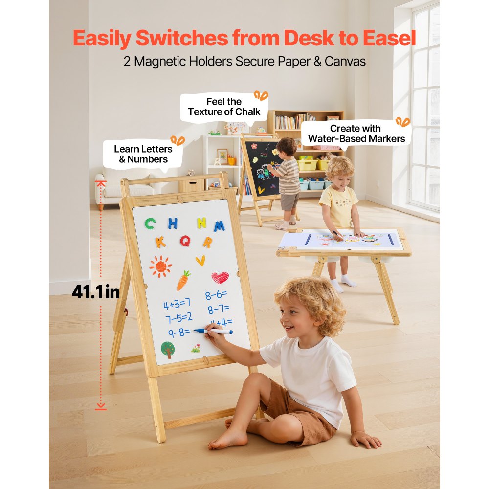 VEVOR Mesa Sensorial Infantil, Mesa de Madera de Actividades para Niños, con Tablero de Doble Cara y Cajas de Almacenamiento, Caballete Multifuncional para Niños, para Juegos de Agua y Arena Dibujar