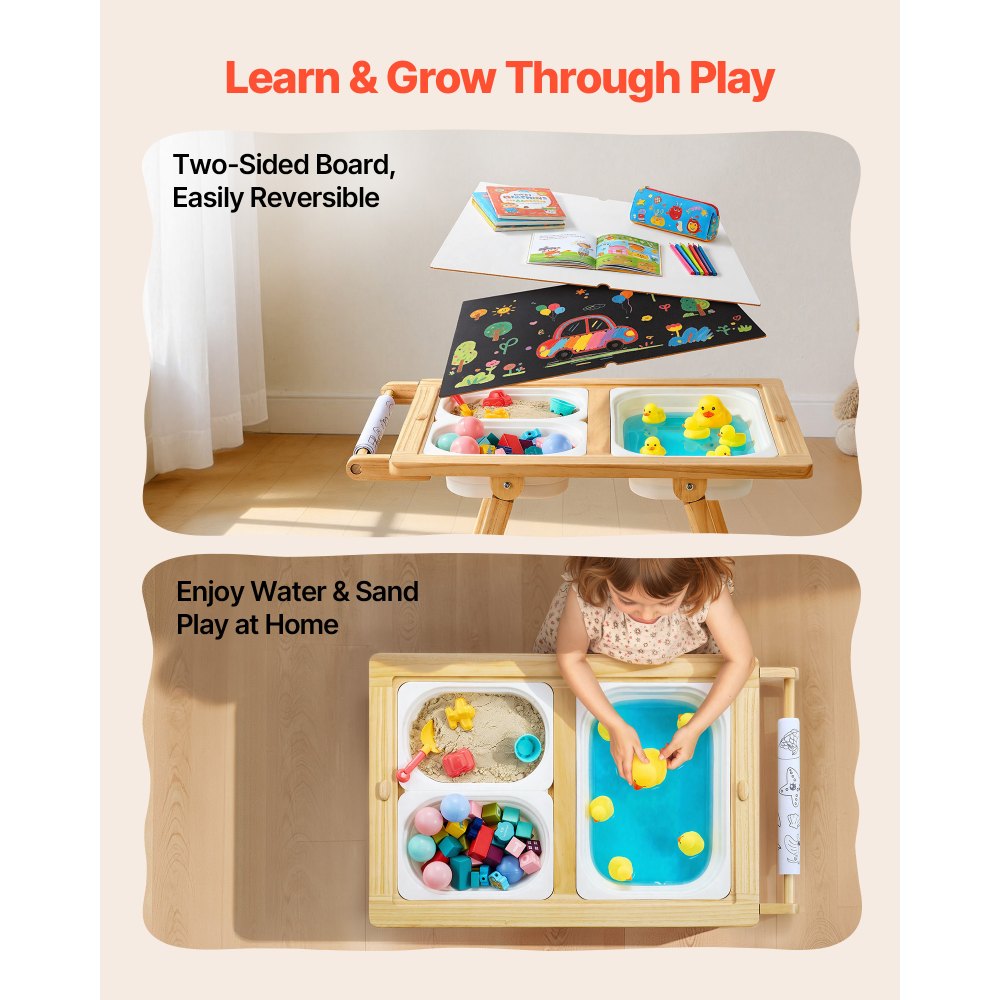 VEVOR Mesa Sensorial Infantil, Mesa de Madera de Actividades para Niños, con Tablero de Doble Cara y Cajas de Almacenamiento, Caballete Multifuncional para Niños, para Juegos de Agua y Arena Dibujar