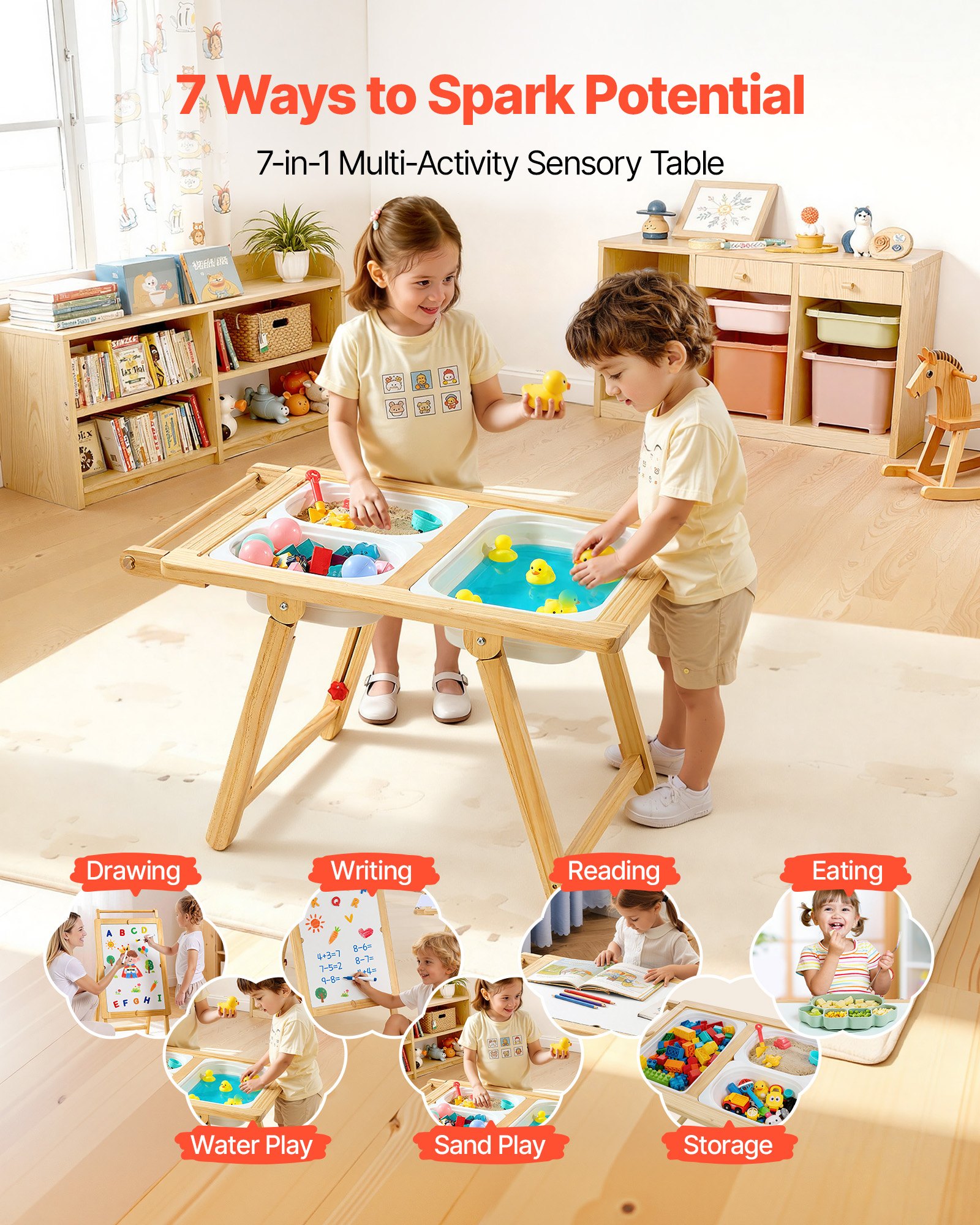 VEVOR Mesa Sensorial Infantil, Mesa de Madera de Actividades para Niños, con Tablero de Doble Cara y Cajas de Almacenamiento, Caballete Multifuncional para Niños, para Juegos de Agua y Arena Dibujar