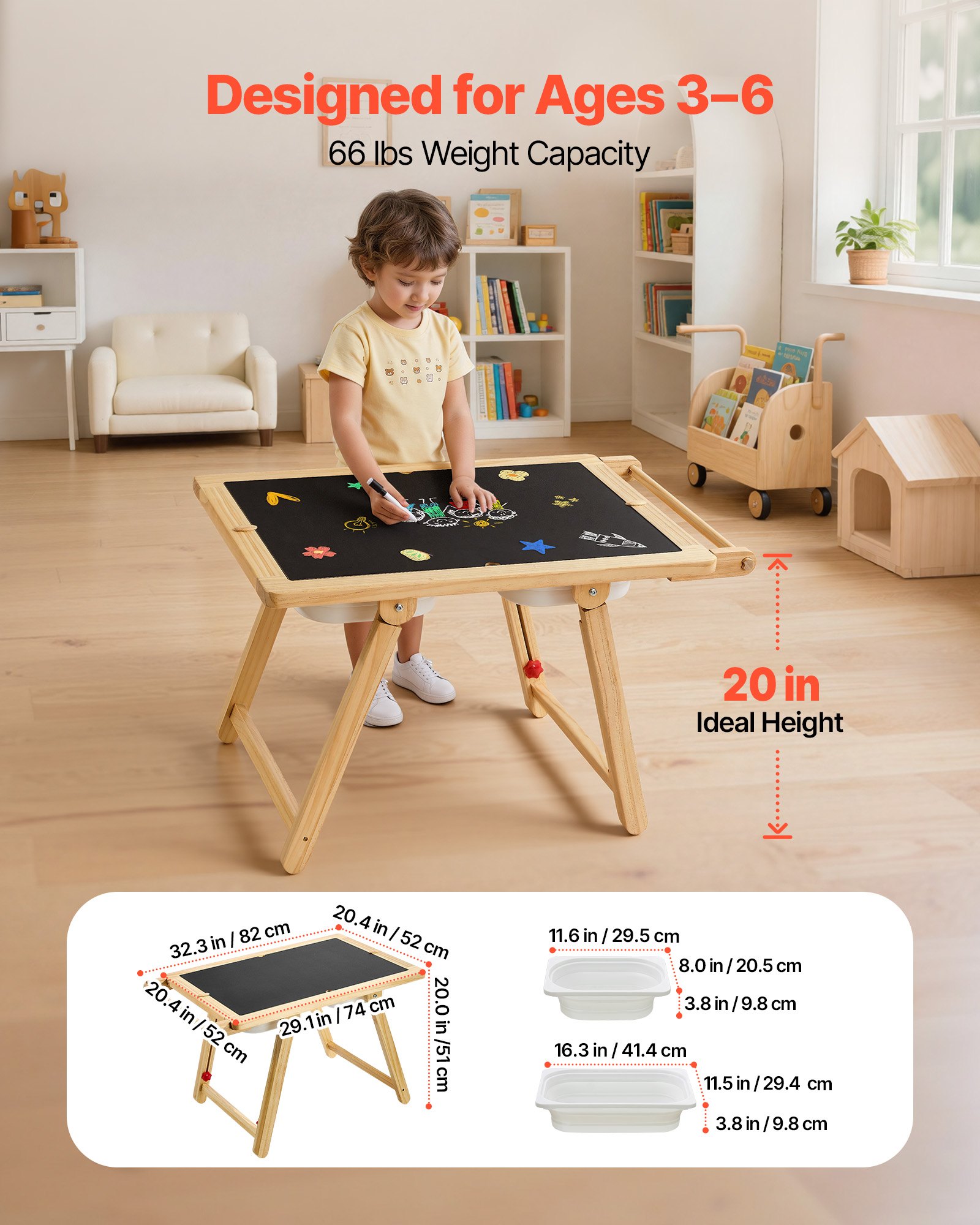 VEVOR Mesa Sensorial Infantil, Mesa de Madera de Actividades para Niños, con Tablero de Doble Cara y Cajas de Almacenamiento, Caballete Multifuncional para Niños, para Juegos de Agua y Arena Dibujar