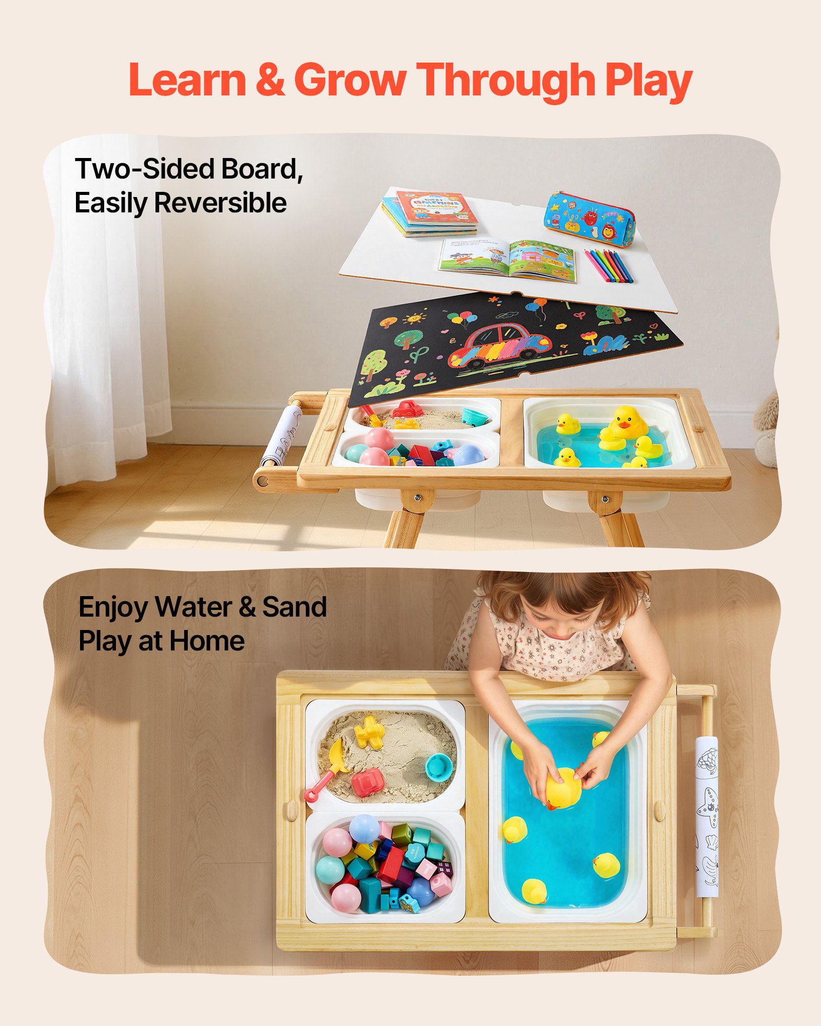 VEVOR Mesa Sensorial Infantil, Mesa de Madera de Actividades para Niños, con Tablero de Doble Cara y Cajas de Almacenamiento, Caballete Multifuncional para Niños, para Juegos de Agua y Arena Dibujar