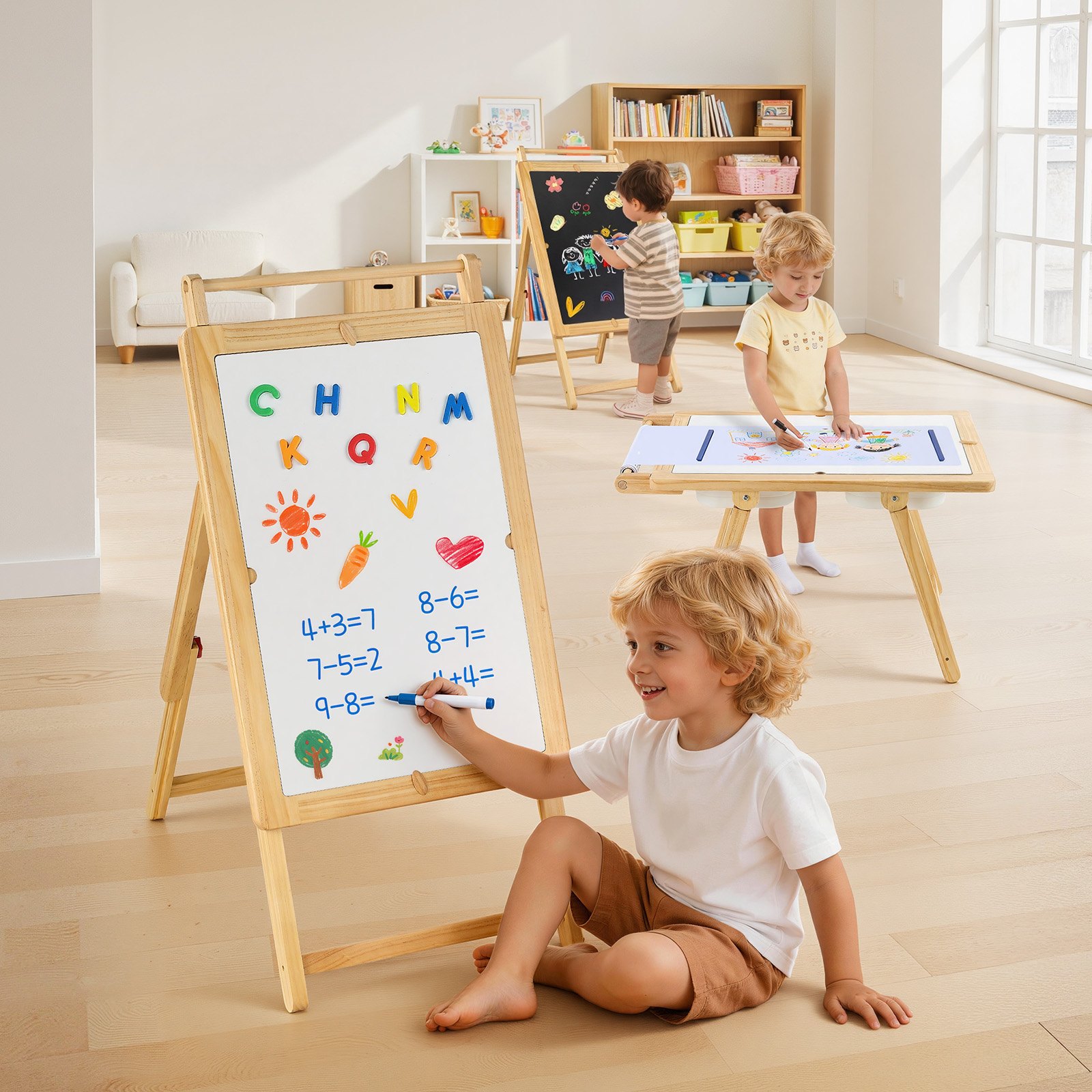 VEVOR Mesa Sensorial Infantil, Mesa de Madera de Actividades para Niños, con Tablero de Doble Cara y Cajas de Almacenamiento, Caballete Multifuncional para Niños, para Juegos de Agua y Arena Dibujar