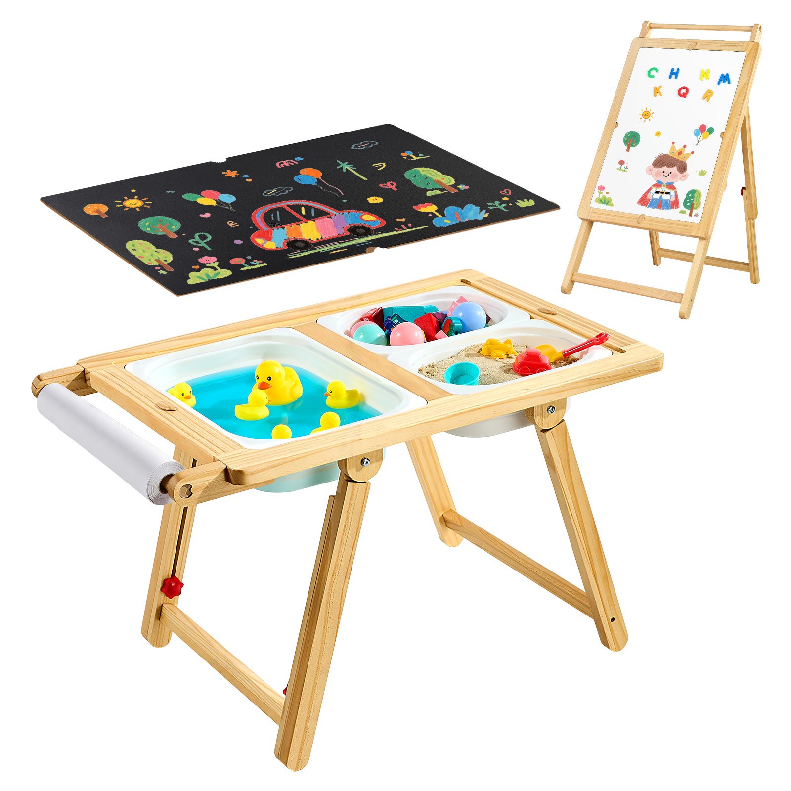 VEVOR Mesa Sensorial Infantil, Mesa de Madera de Actividades para Niños, con Tablero de Doble Cara y Cajas de Almacenamiento, Caballete Multifuncional para Niños, para Juegos de Agua y Arena Dibujar