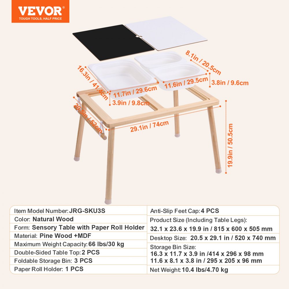 VEVOR Mesa Sensorial de Madera para Niños, Mesa de Actividades con 3 Contenedores de Almacenamiento Plegables y Soporte para Rollos de Papel, Mesa Sensorial de Agua y Arena para Juegos para Niños