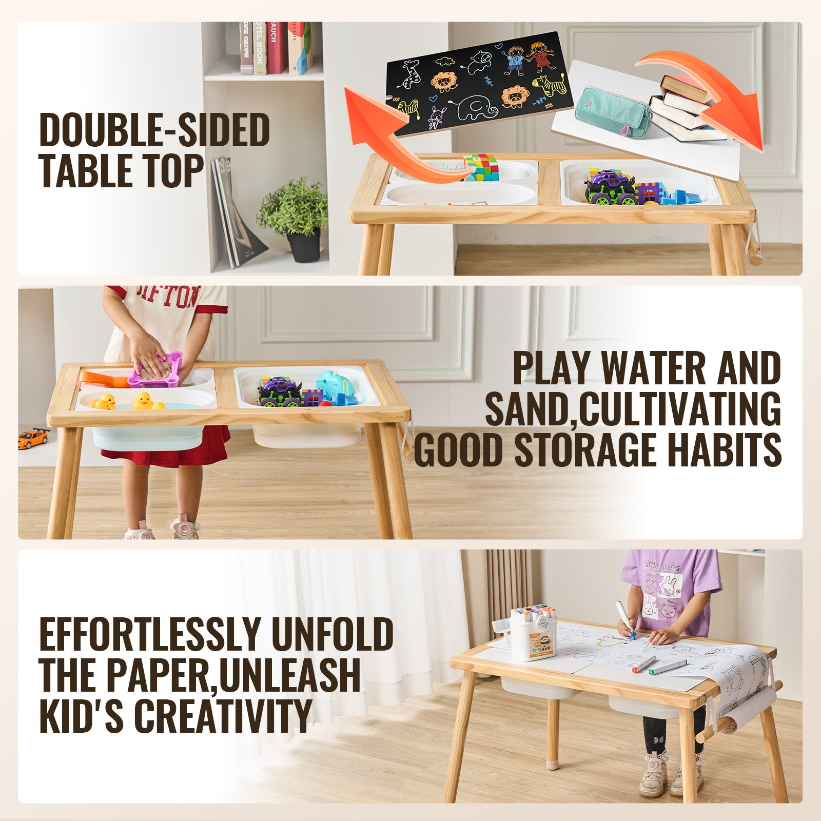 VEVOR Mesa Sensorial de Madera para Niños, Mesa de Actividades con 3 Contenedores de Almacenamiento Plegables y Soporte para Rollos de Papel, Mesa Sensorial de Agua y Arena para Juegos para Niños