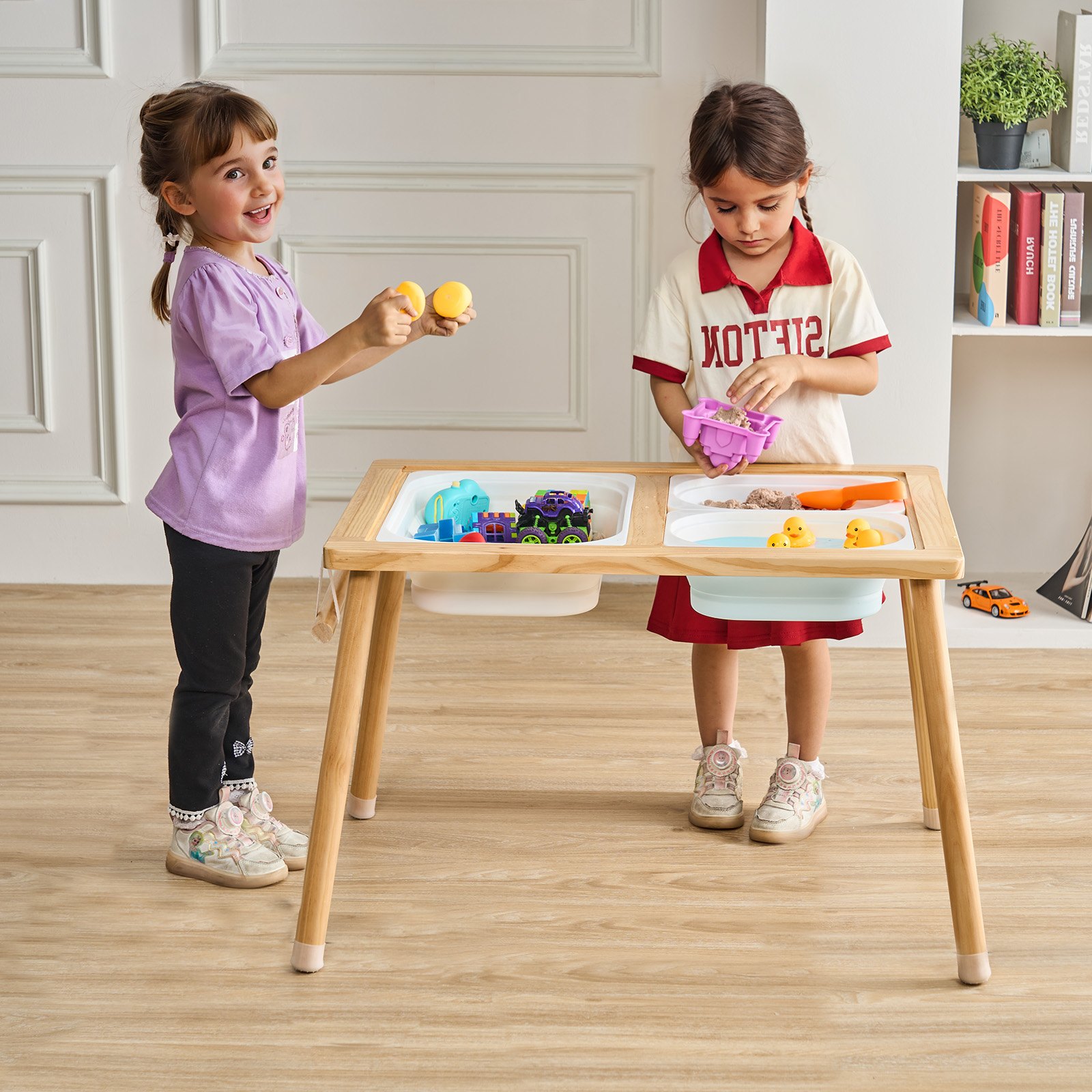 VEVOR Mesa Sensorial de Madera para Niños, Mesa de Actividades con 3 Contenedores de Almacenamiento Plegables y Soporte para Rollos de Papel, Mesa Sensorial de Agua y Arena para Juegos para Niños