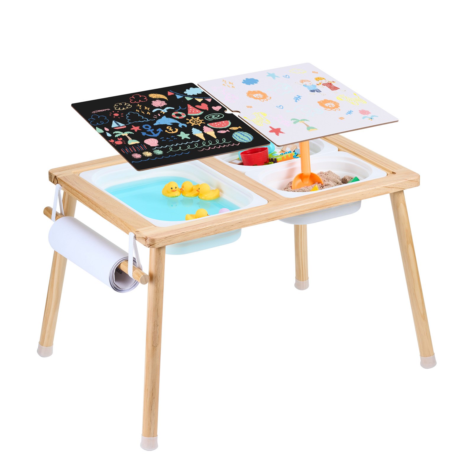 VEVOR Mesa Sensorial de Madera para Niños, Mesa de Actividades con 3 Contenedores de Almacenamiento Plegables y Soporte para Rollos de Papel, Mesa Sensorial de Agua y Arena para Juegos para Niños