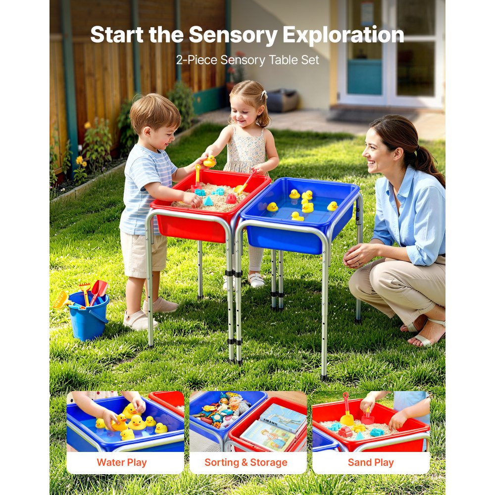 VEVOR Mesa Sensorial Infantil, Mesa de Juego de Agua y Arena para Niños de 3-6 Años, 3 Alturas Ajustables, 2 Cajas Desmontables, Patas Antideslizantes, Acero al Carbono, para Actividades al Aire Libre