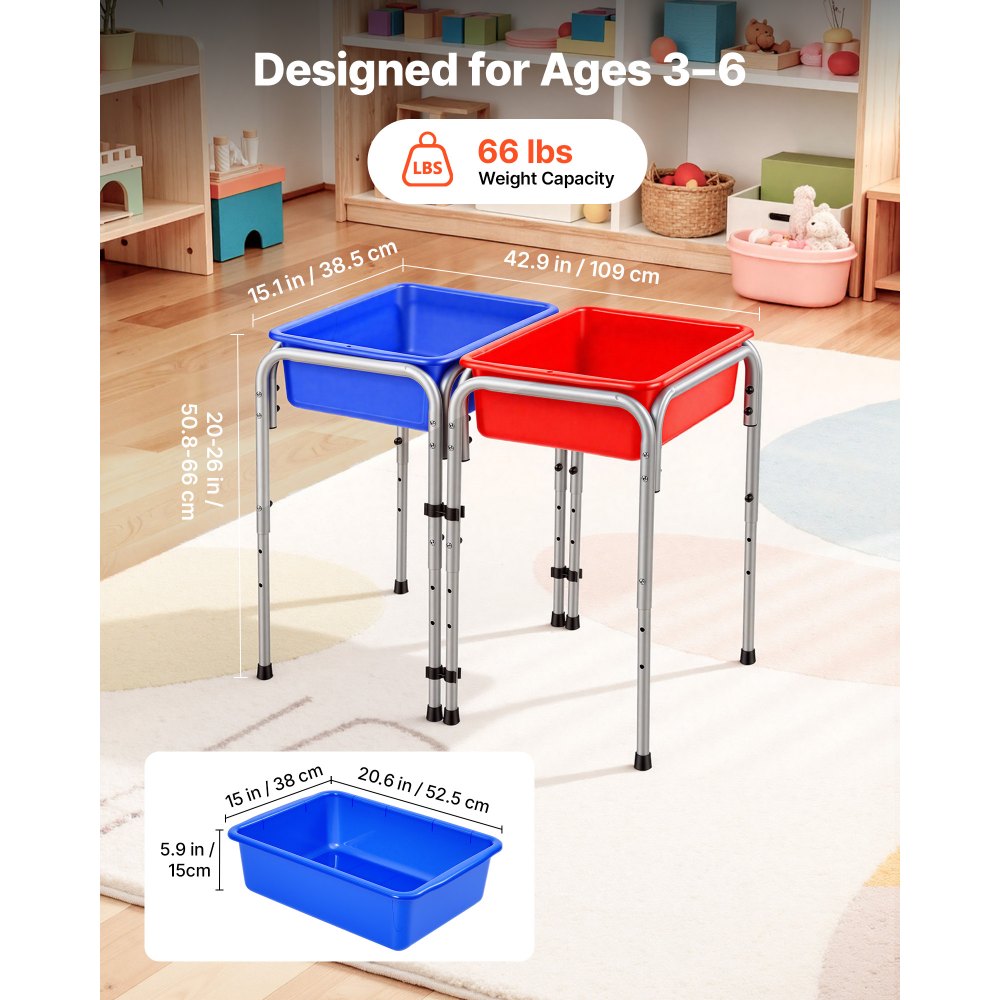 VEVOR Mesa Sensorial Infantil, Mesa de Juego de Agua y Arena para Niños de 3-6 Años, 3 Alturas Ajustables, 2 Cajas Desmontables, Patas Antideslizantes, Acero al Carbono, para Actividades al Aire Libre