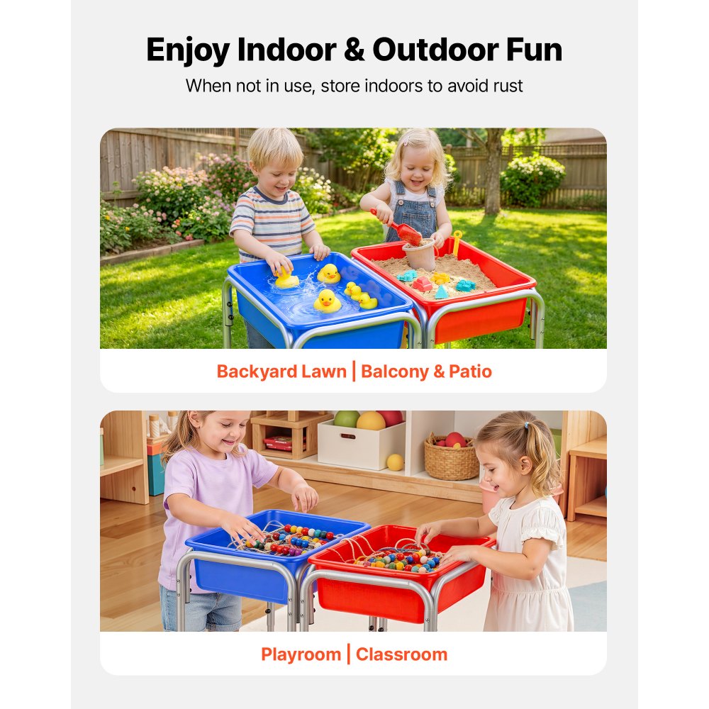 VEVOR Mesa Sensorial Infantil, Mesa de Juego de Agua y Arena para Niños de 3-6 Años, 3 Alturas Ajustables, 2 Cajas Desmontables, Patas Antideslizantes, Acero al Carbono, para Actividades al Aire Libre