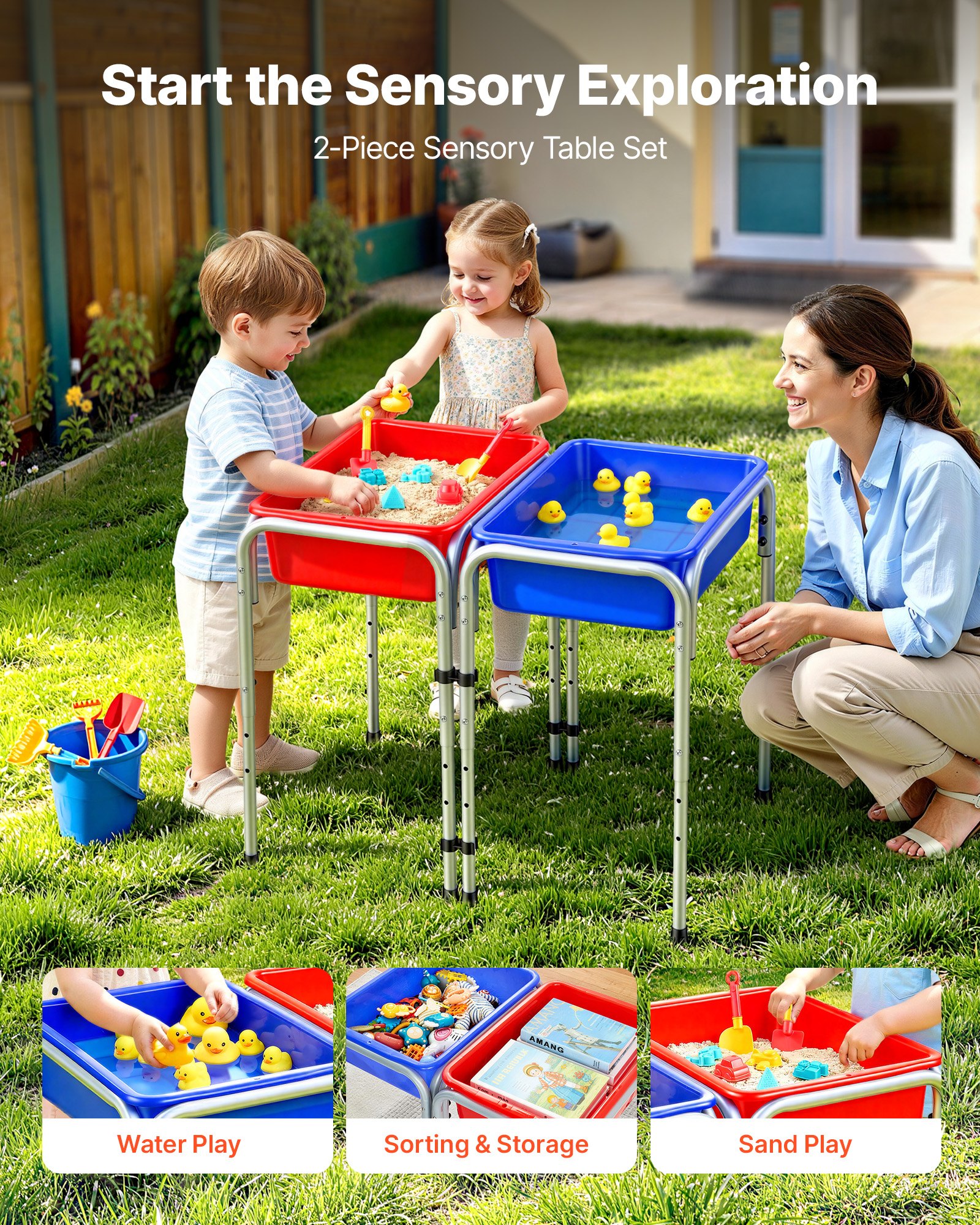 VEVOR Mesa Sensorial Infantil, Mesa de Juego de Agua y Arena para Niños de 3-6 Años, 3 Alturas Ajustables, 2 Cajas Desmontables, Patas Antideslizantes, Acero al Carbono, para Actividades al Aire Libre