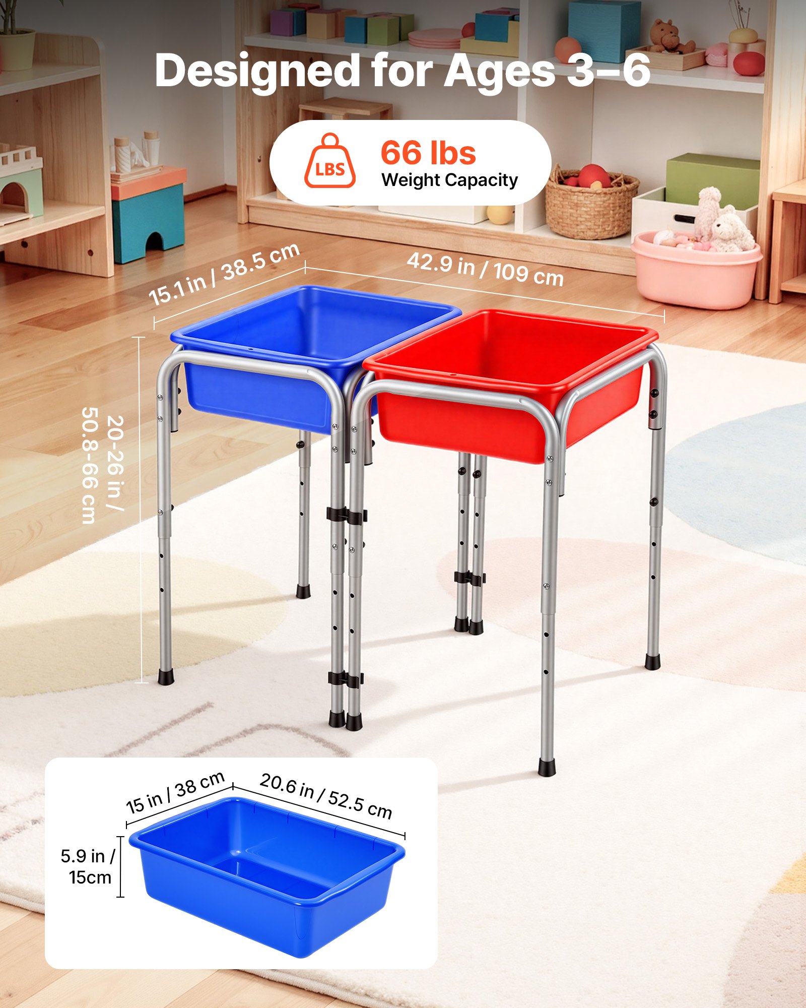 VEVOR Mesa Sensorial Infantil, Mesa de Juego de Agua y Arena para Niños de 3-6 Años, 3 Alturas Ajustables, 2 Cajas Desmontables, Patas Antideslizantes, Acero al Carbono, para Actividades al Aire Libre