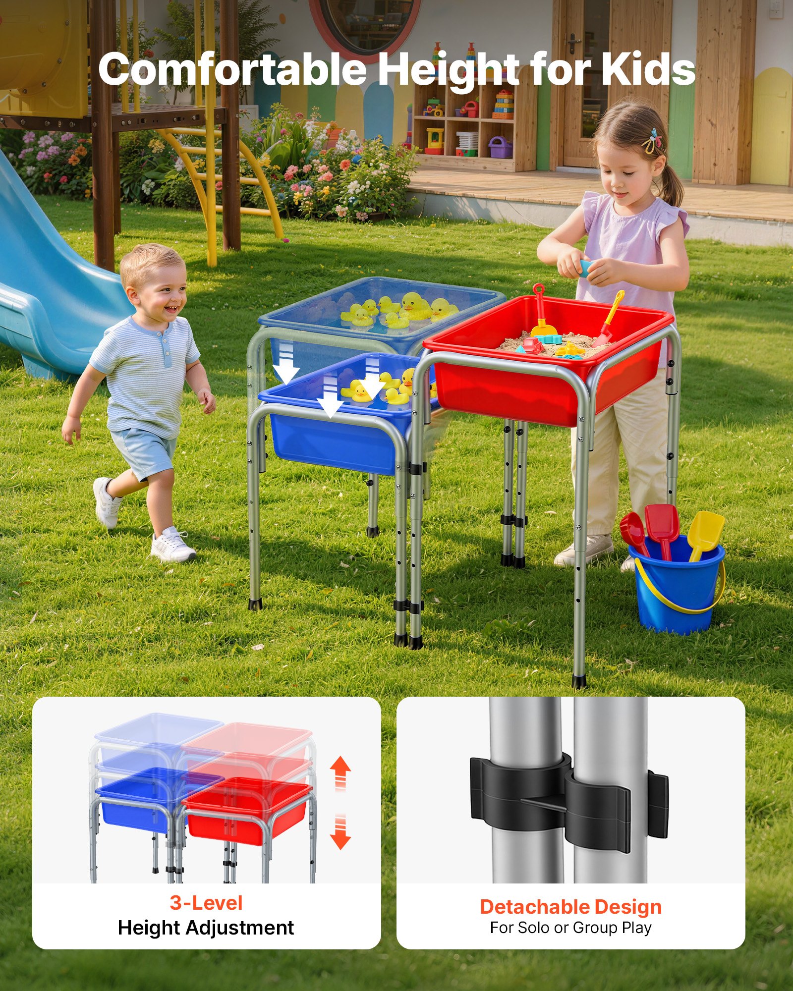 VEVOR Mesa Sensorial Infantil, Mesa de Juego de Agua y Arena para Niños de 3-6 Años, 3 Alturas Ajustables, 2 Cajas Desmontables, Patas Antideslizantes, Acero al Carbono, para Actividades al Aire Libre