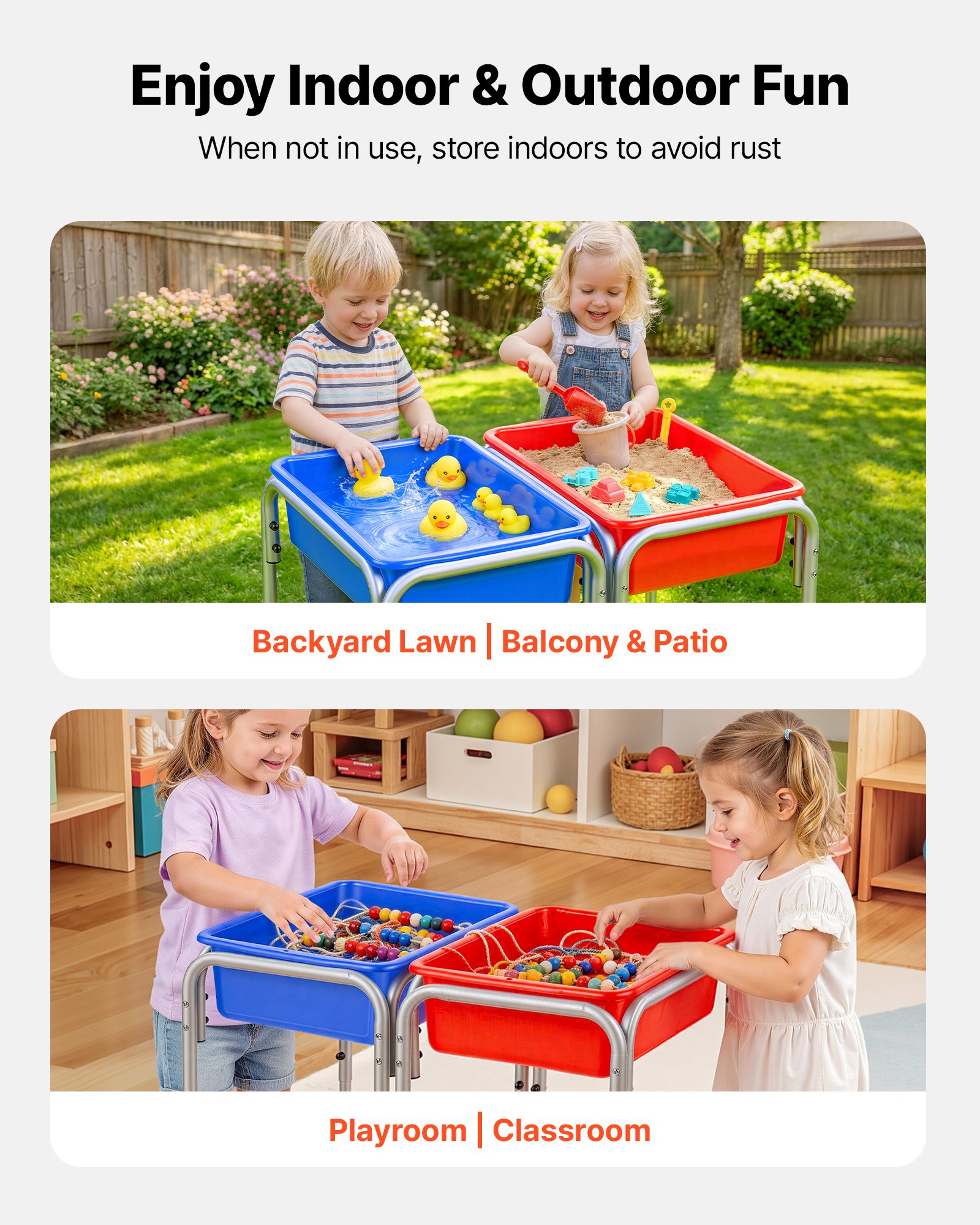 VEVOR Mesa Sensorial Infantil, Mesa de Juego de Agua y Arena para Niños de 3-6 Años, 3 Alturas Ajustables, 2 Cajas Desmontables, Patas Antideslizantes, Acero al Carbono, para Actividades al Aire Libre