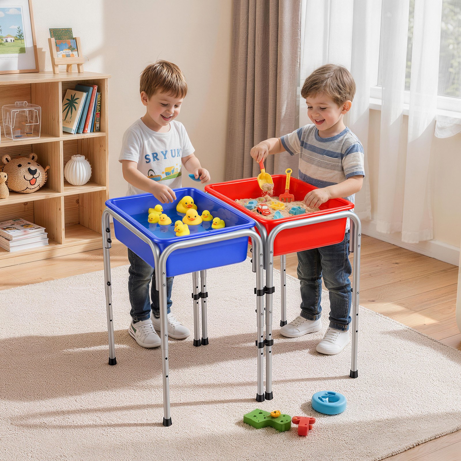 VEVOR Mesa Sensorial Infantil, Mesa de Juego de Agua y Arena para Niños de 3-6 Años, 3 Alturas Ajustables, 2 Cajas Desmontables, Patas Antideslizantes, Acero al Carbono, para Actividades al Aire Libre