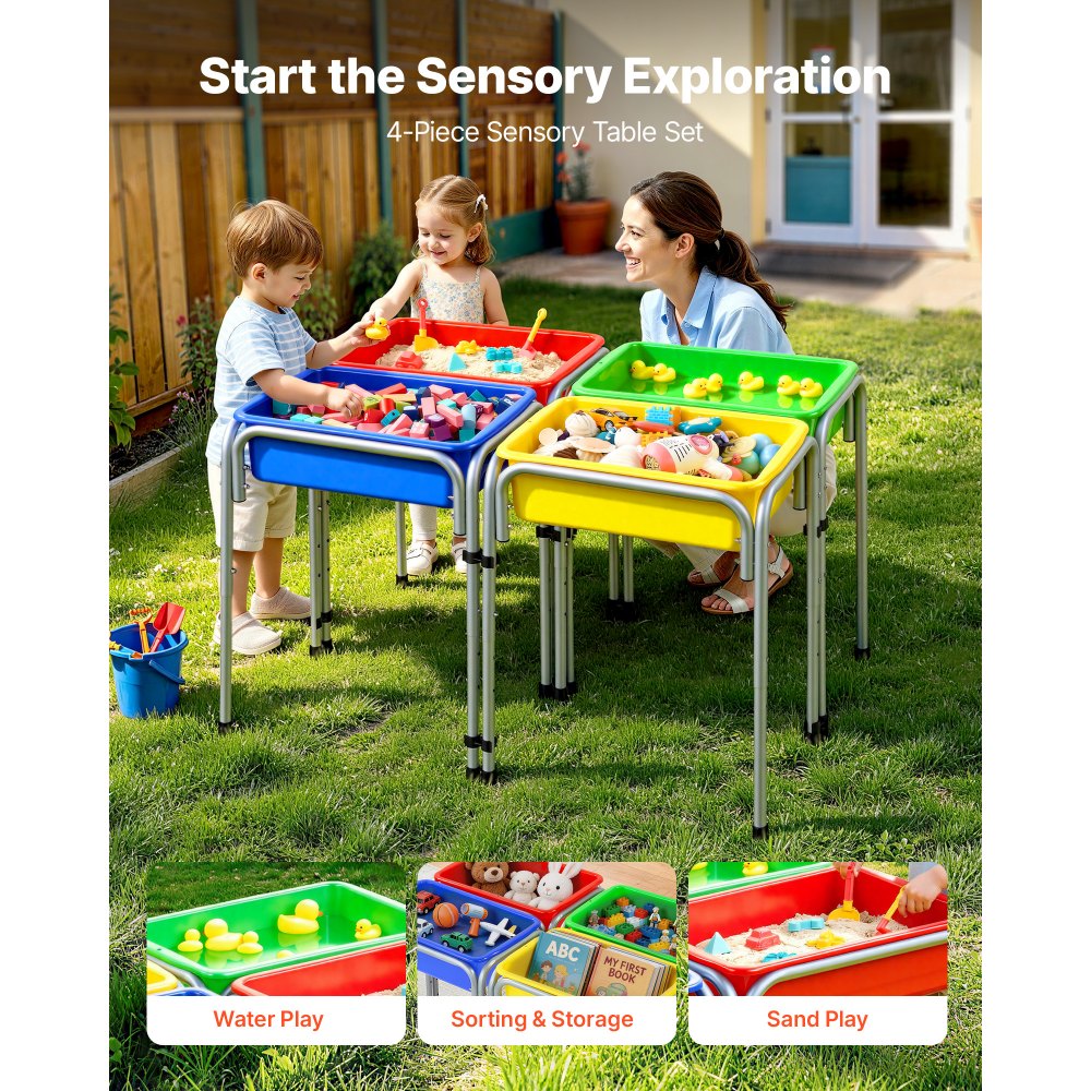 VEVOR Mesa Sensorial Infantil, Juegos de Agua y Arena para Niños de 3-6 Años, Altura Ajustable, Patas Antideslizantes, 4 Cajas Desmontables, Marco de Acero al Carbono, Mesa para Exploración Educación