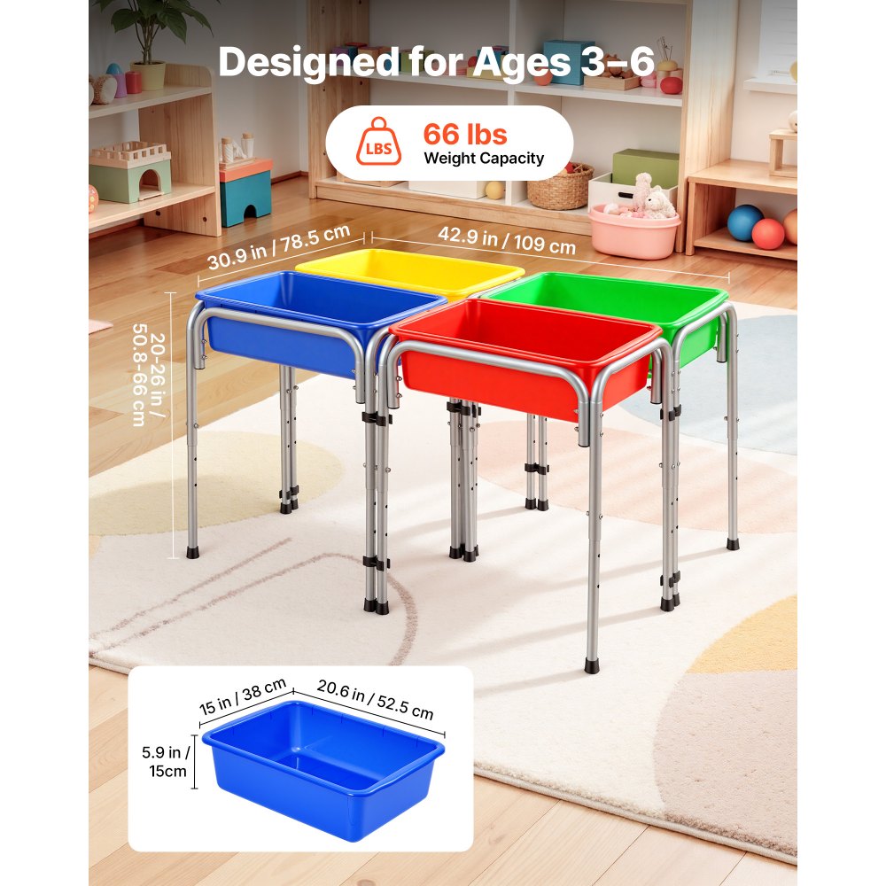 VEVOR Mesa Sensorial Infantil, Juegos de Agua y Arena para Niños de 3-6 Años, Altura Ajustable, Patas Antideslizantes, 4 Cajas Desmontables, Marco de Acero al Carbono, Mesa para Exploración Educación