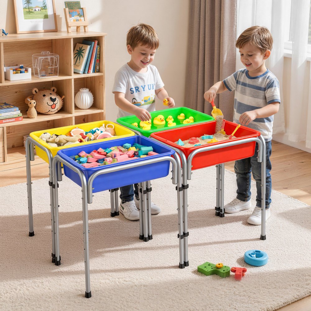 VEVOR Mesa Sensorial Infantil, Juegos de Agua y Arena para Niños de 3-6 Años, Altura Ajustable, Patas Antideslizantes, 4 Cajas Desmontables, Marco de Acero al Carbono, Mesa para Exploración Educación