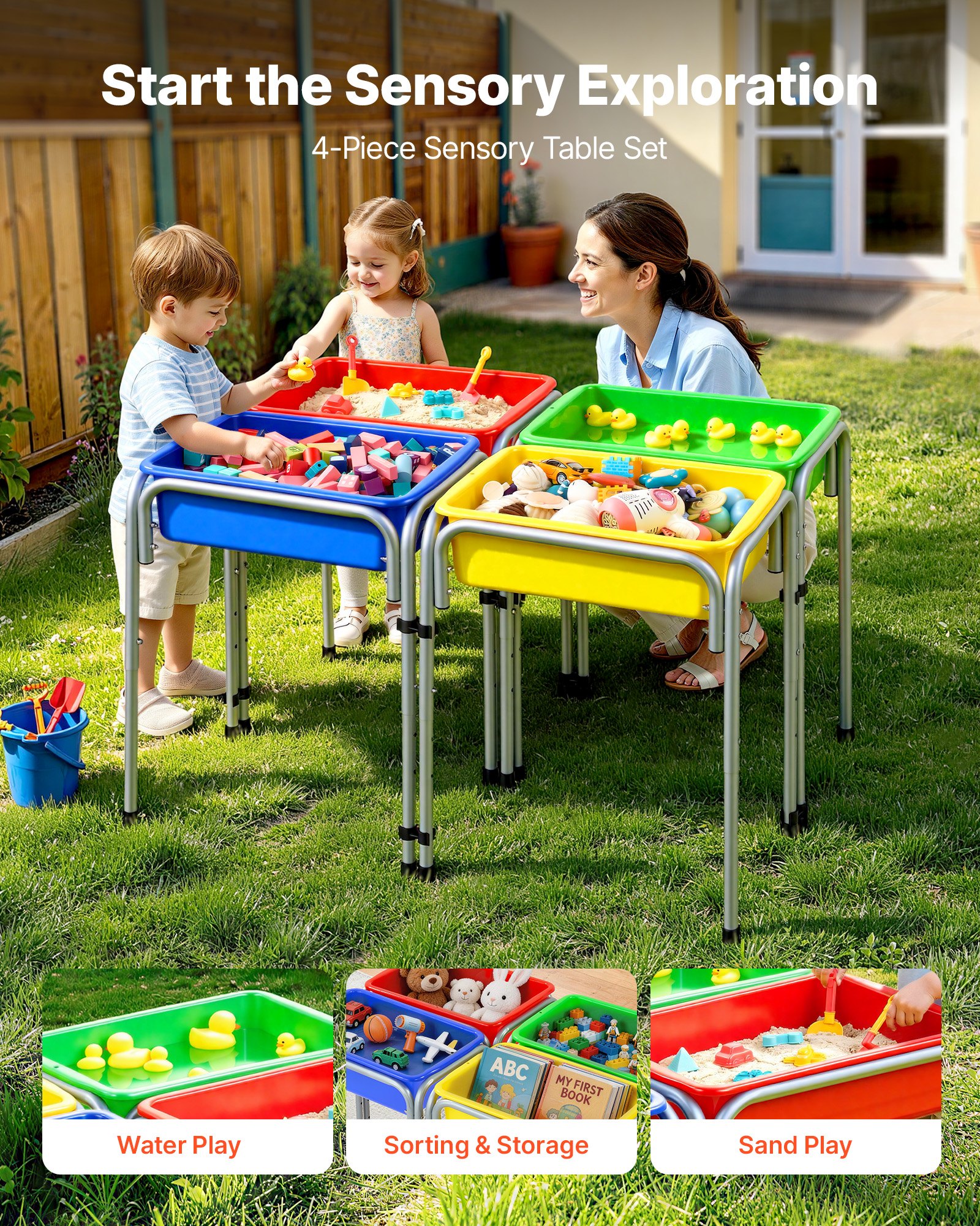 VEVOR Mesa Sensorial Infantil, Juegos de Agua y Arena para Niños de 3-6 Años, Altura Ajustable, Patas Antideslizantes, 4 Cajas Desmontables, Marco de Acero al Carbono, Mesa para Exploración Educación