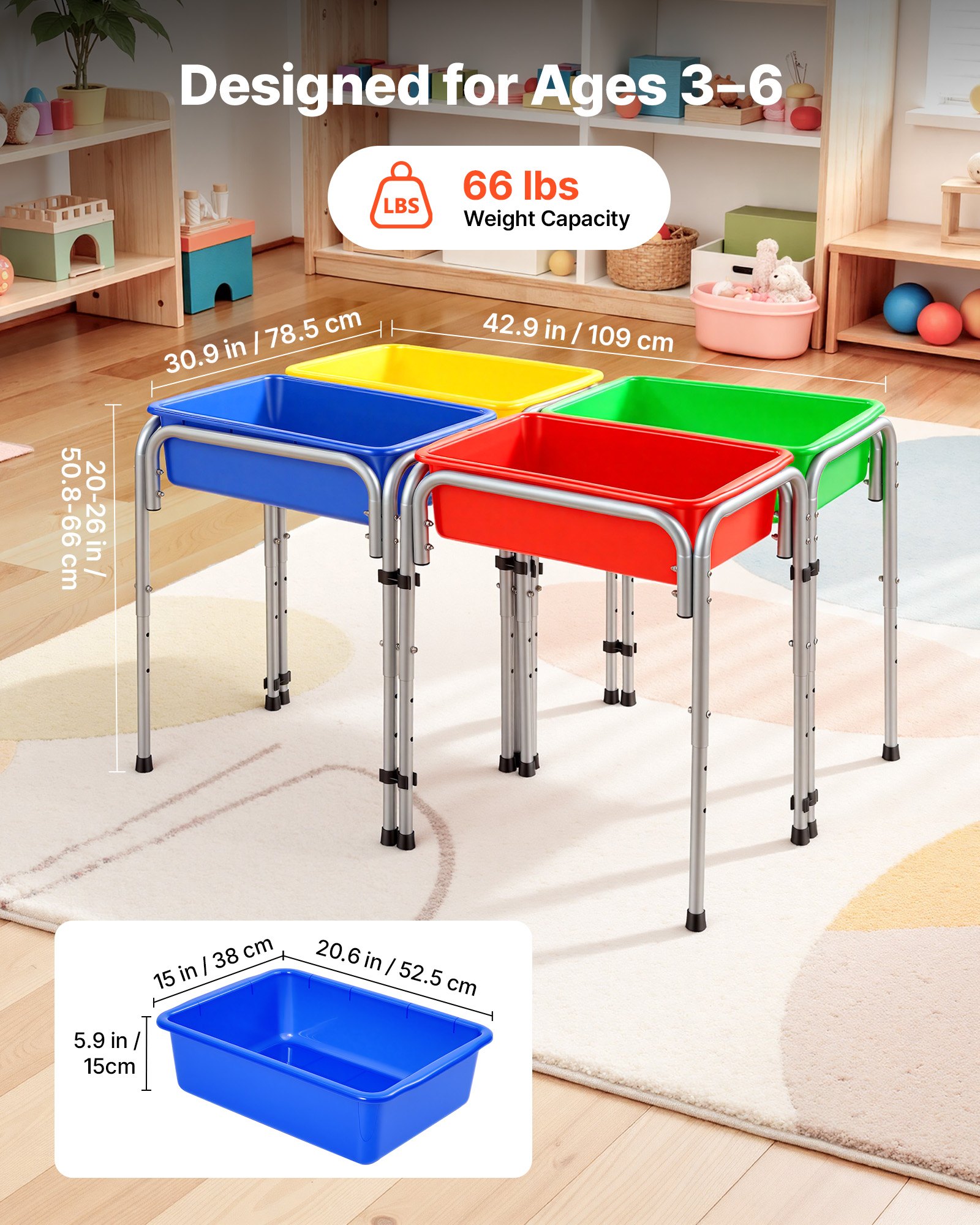 VEVOR Mesa Sensorial Infantil, Juegos de Agua y Arena para Niños de 3-6 Años, Altura Ajustable, Patas Antideslizantes, 4 Cajas Desmontables, Marco de Acero al Carbono, Mesa para Exploración Educación