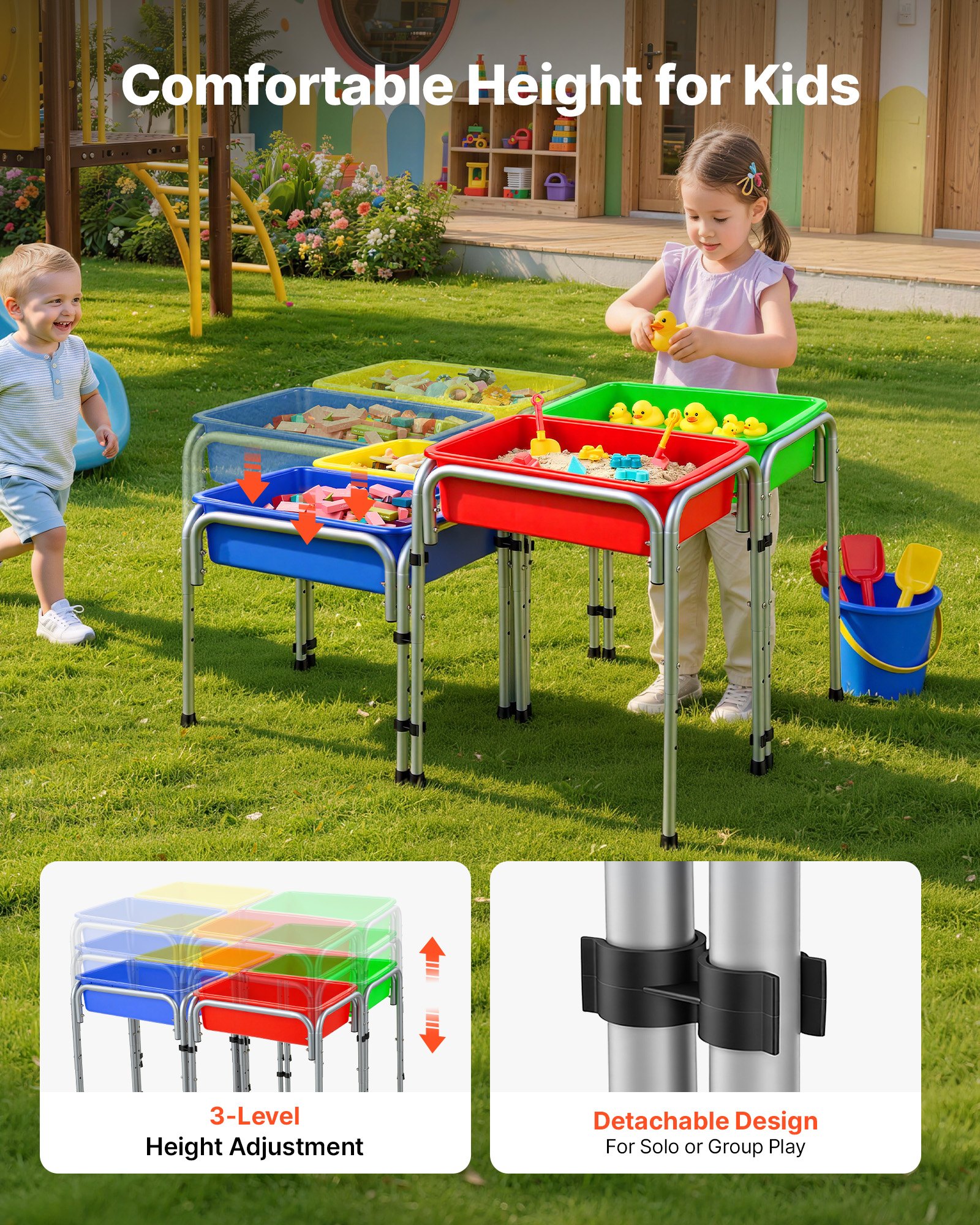 VEVOR Mesa Sensorial Infantil, Juegos de Agua y Arena para Niños de 3-6 Años, Altura Ajustable, Patas Antideslizantes, 4 Cajas Desmontables, Marco de Acero al Carbono, Mesa para Exploración Educación