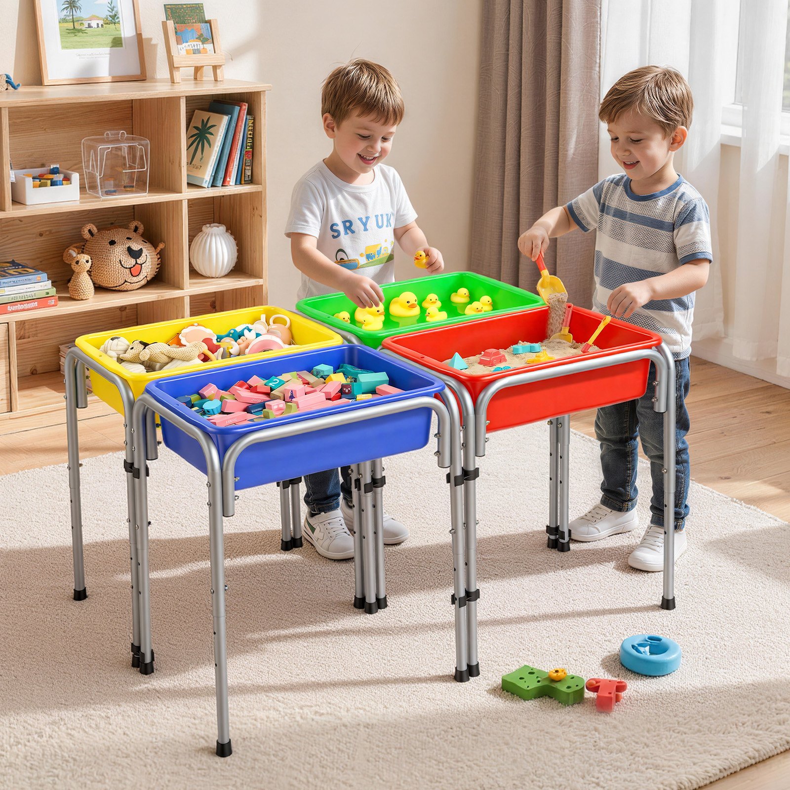 VEVOR Mesa Sensorial Infantil, Juegos de Agua y Arena para Niños de 3-6 Años, Altura Ajustable, Patas Antideslizantes, 4 Cajas Desmontables, Marco de Acero al Carbono, Mesa para Exploración Educación