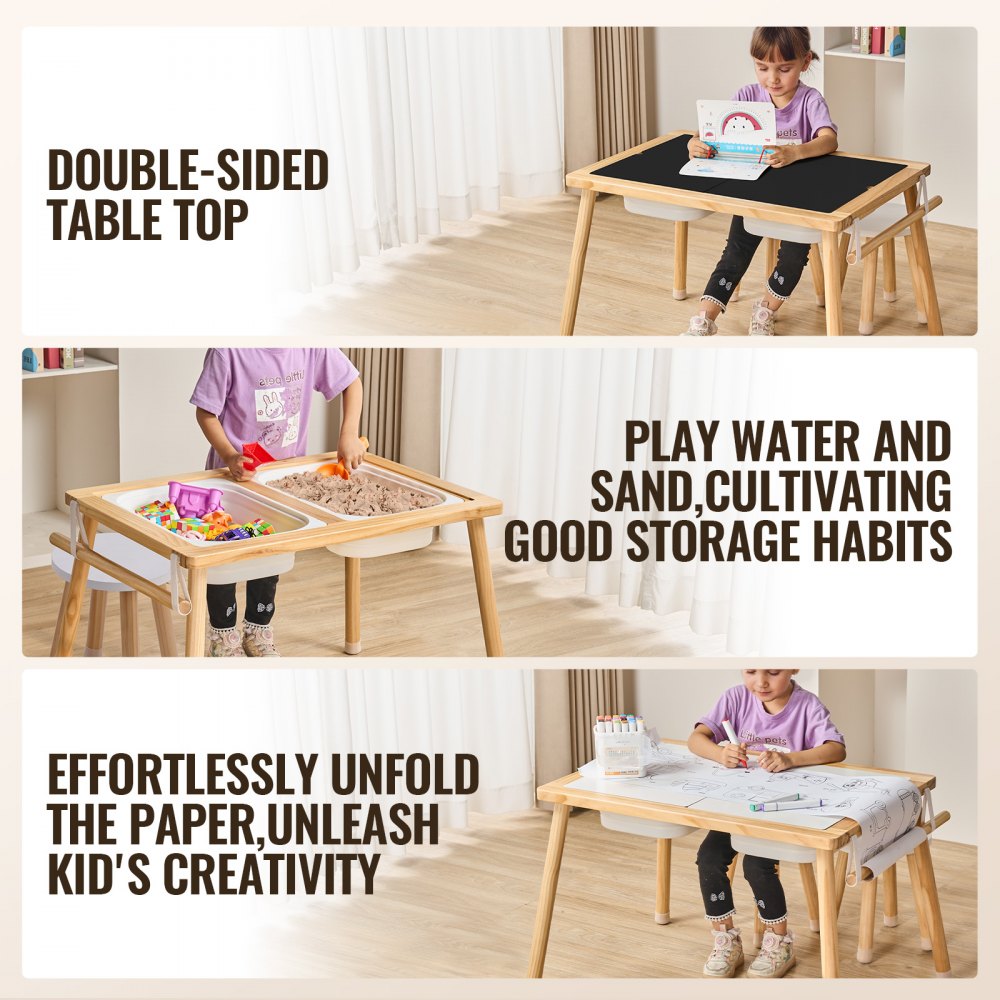VEVOR Mesa y Sillas Sensoriales para Niños, Mesa de Actividades con 2 Taburetes, 2 Contenedores de Almacenamiento y Soporte para Rollos de Papel, Mesa Sensorial de Agua y Arena para Juegos para Niños