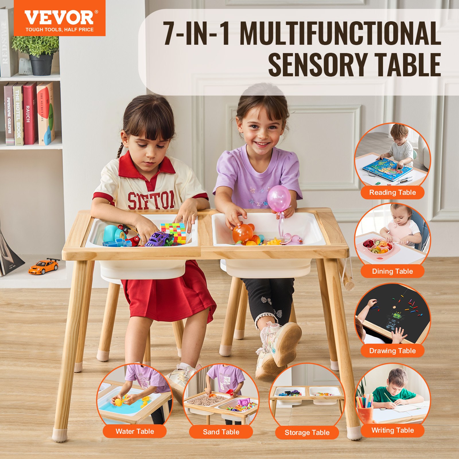 VEVOR Mesa y Sillas Sensoriales para Niños, Mesa de Actividades con 2 Taburetes, 2 Contenedores de Almacenamiento y Soporte para Rollos de Papel, Mesa Sensorial de Agua y Arena para Juegos para Niños