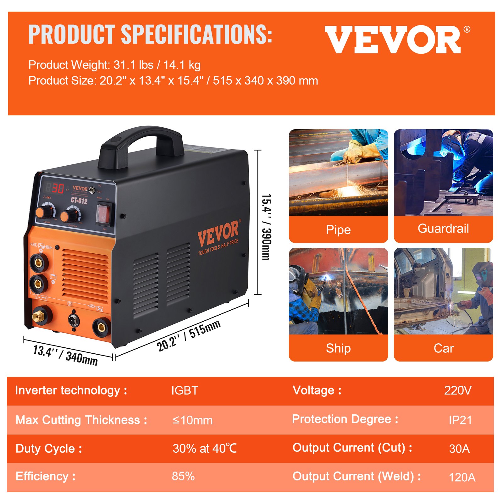 VEVOR Máquina de Soldadura por Plasma 3 en 1 Máquina Combinada de Corte por Plasma TIG/MMA CT-312 Cortadora de Plasma de 30 A Soldadora TIG de 120 A y Soldadora de Varilla de 120 A