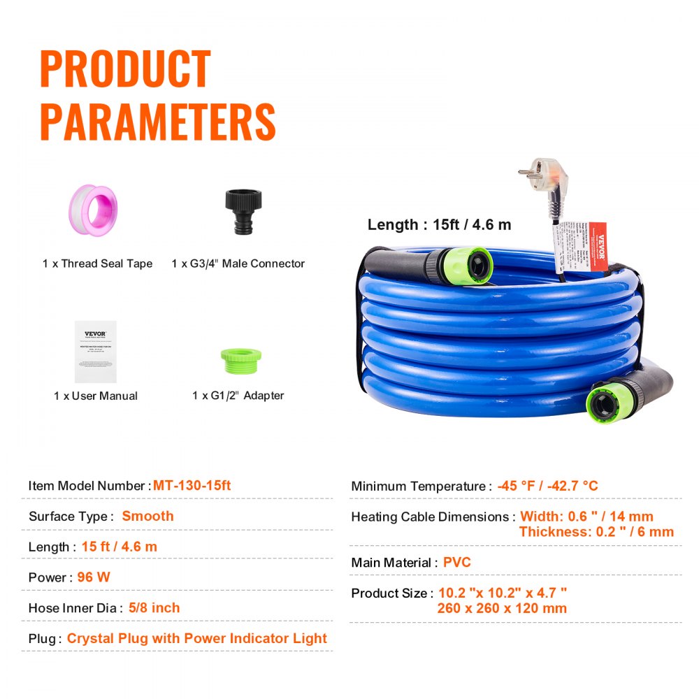 VEVOR Manguera de Agua Potable Calentada para RV 4,6 m Anticongelante -42,7 °C Autorregulación Automática Diámetro Interior de 5/8" con Kit de Accesorios de Conexión Rápida sin Plomo sin BPA