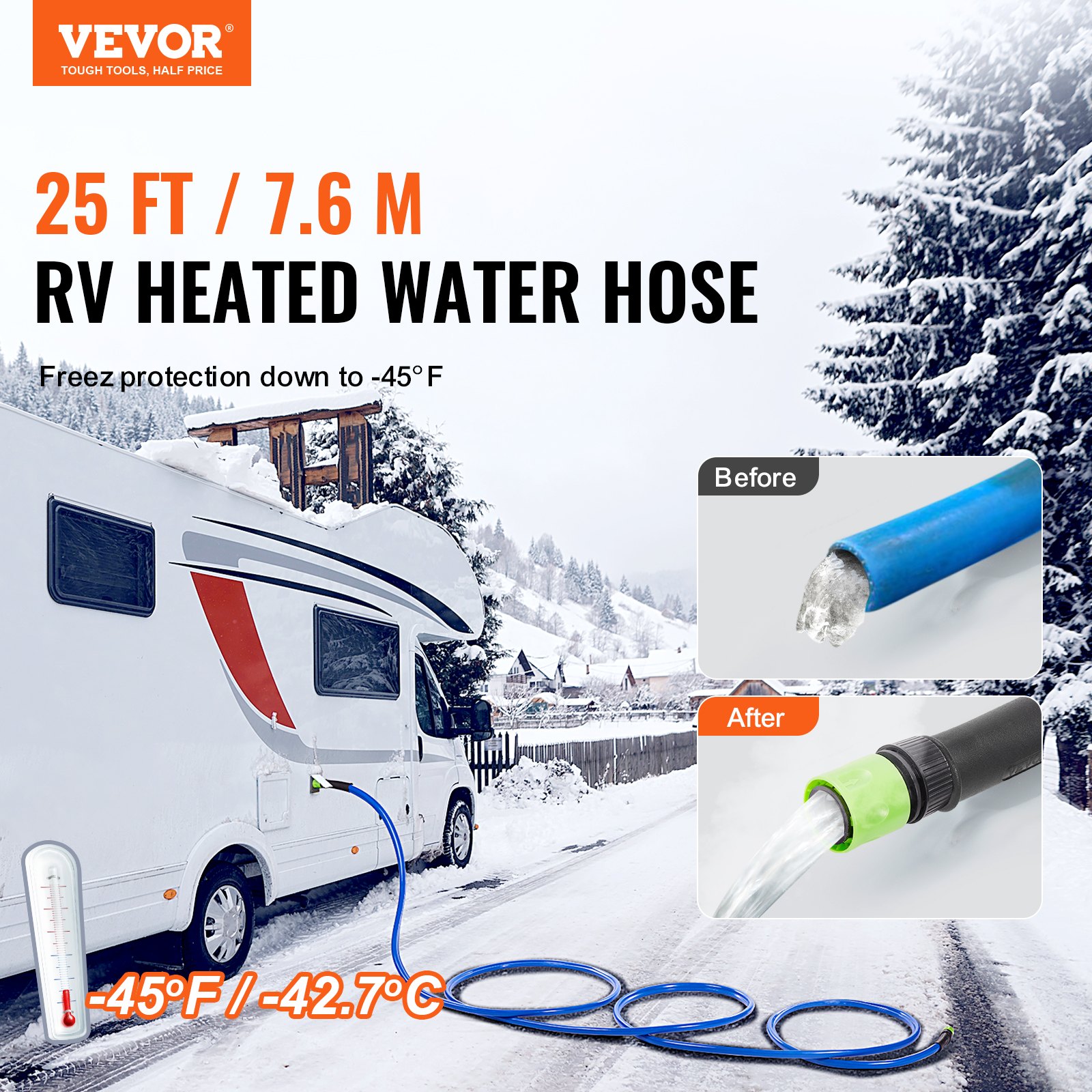 VEVOR Manguera de Agua Potable Calentada para RV 7,6 m Anticongelante -42,7 °C Autorregulación Automática Diámetro Interior de 5/8" con Kit de Accesorios de Conexión Rápida sin Plomo sin BPA
