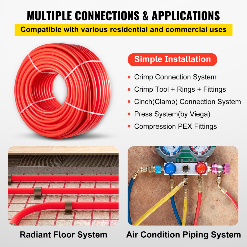 Tubería pex VEVOR para sistemas de tuberías de calefacción por suelo radiante y aire acondicionado con varios métodos de conexión.