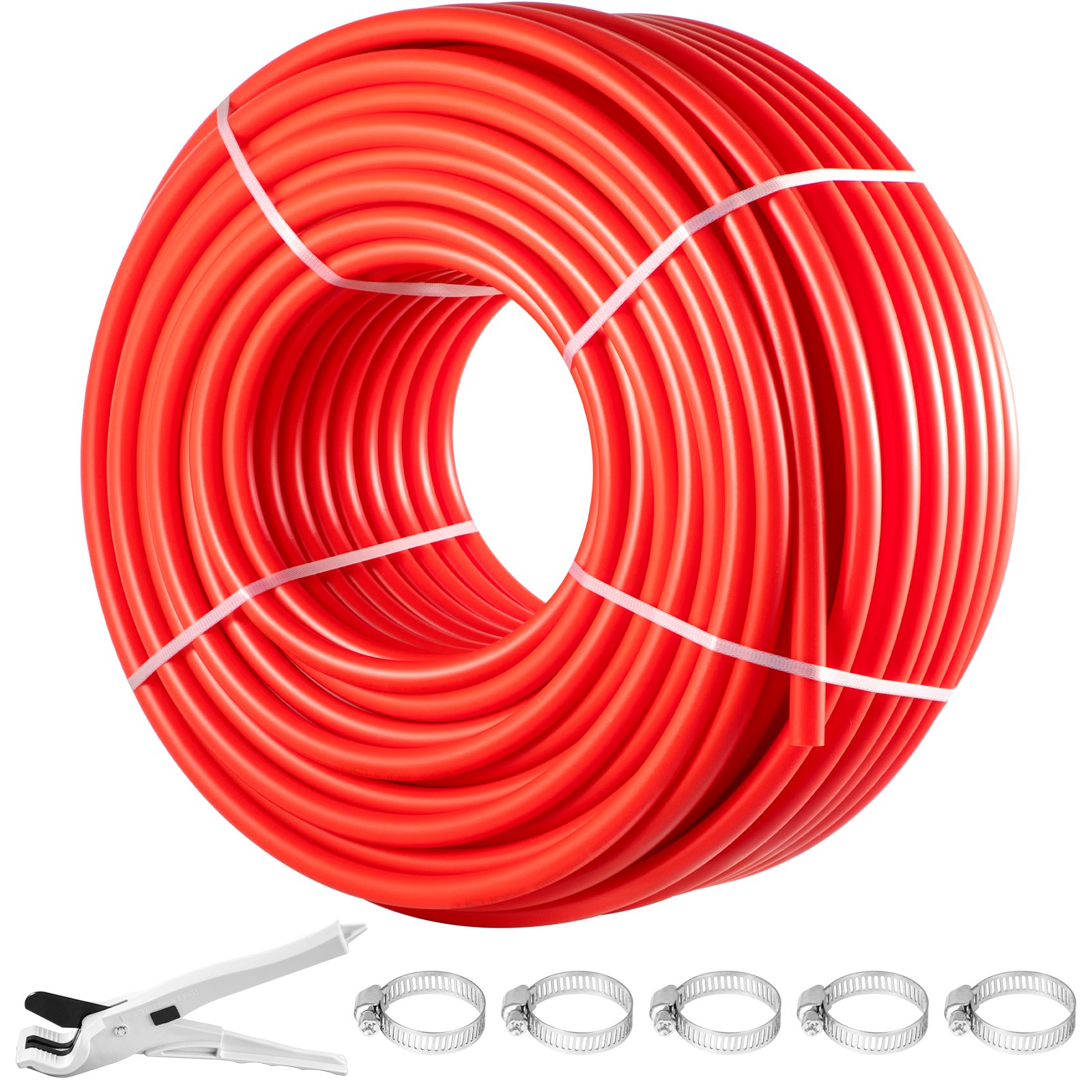 Bobina de tubo pex rojo VEVOR, herramienta de corte de tubo y cinco abrazaderas de tubo dispuestas a continuación.
