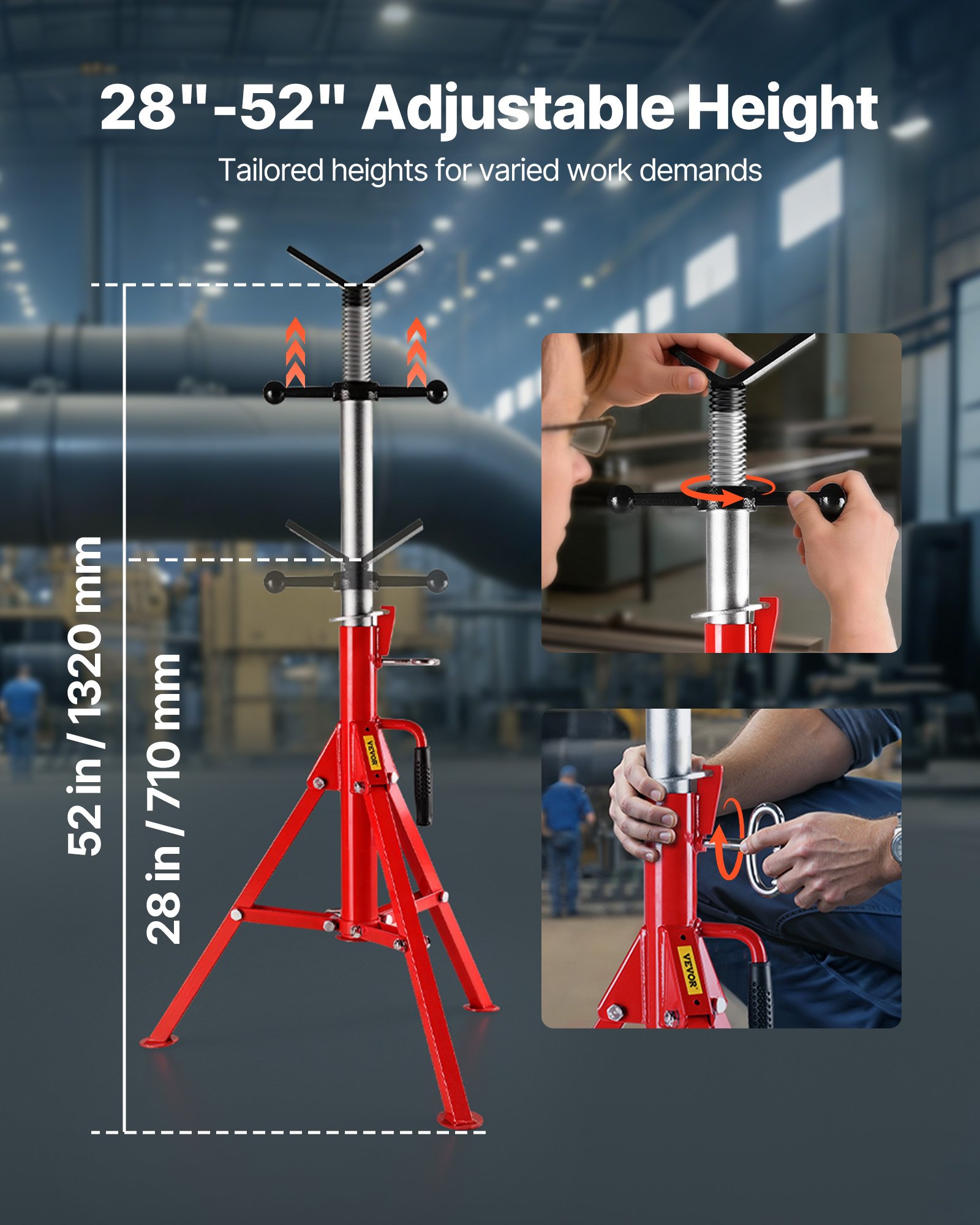 VEVOR Soporte de Tubo Alto con Cabeza en V Plegable Capacidad de Tubo 30 cm, Altura 71-132 cm Capacidad de 2 T
