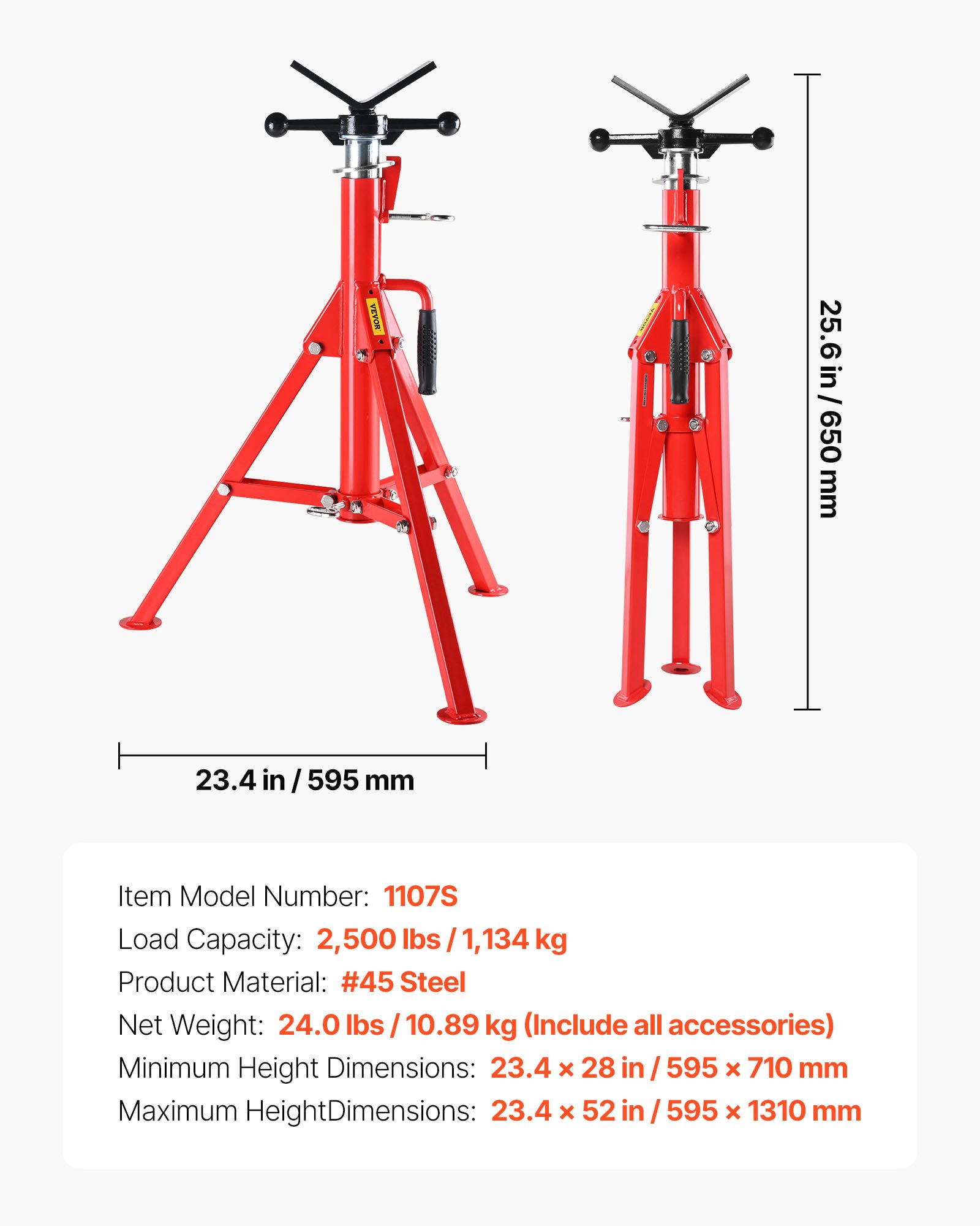VEVOR Soporte para tubos con cabezal en V 0,32 a 30,48 cm altura ajustable 71-132 cm soporte para gato para tubos Carga de 1134 kg soportes de tubo plegable portátil carcasa de acero al carbono