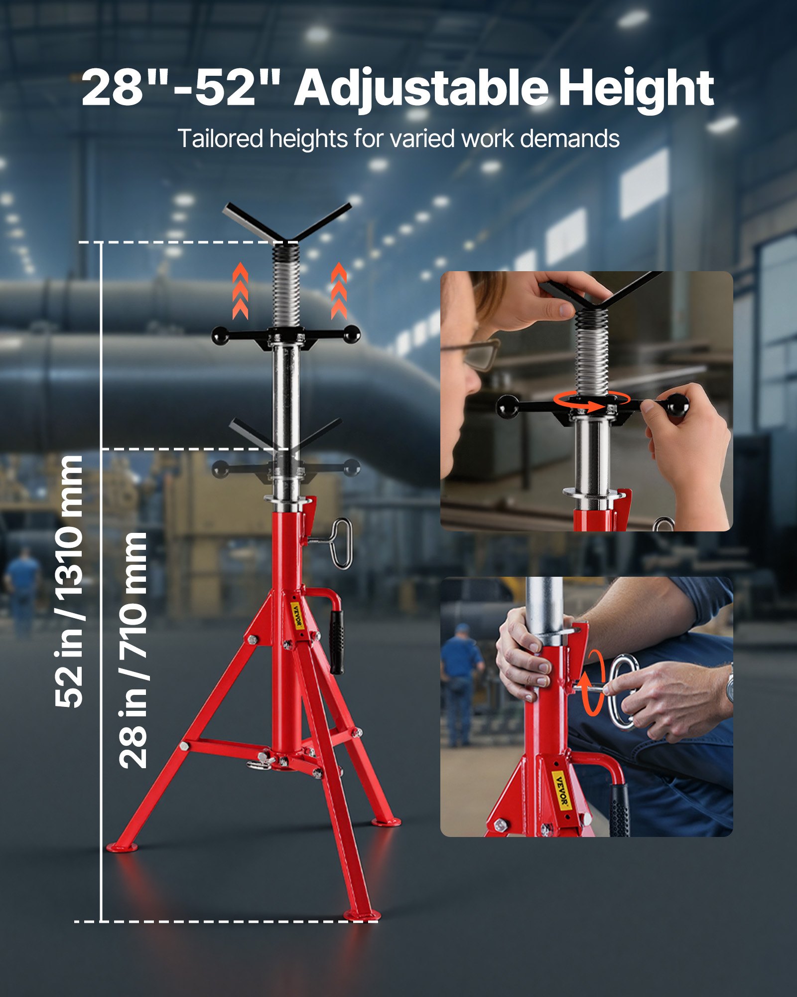 VEVOR Soporte para tubos con cabezal en V 0,32 a 30,48 cm altura ajustable 71-132 cm soporte para tubos Carga de 1134 kg soportes de tubo plegable portátil carcasa de acero al carbono