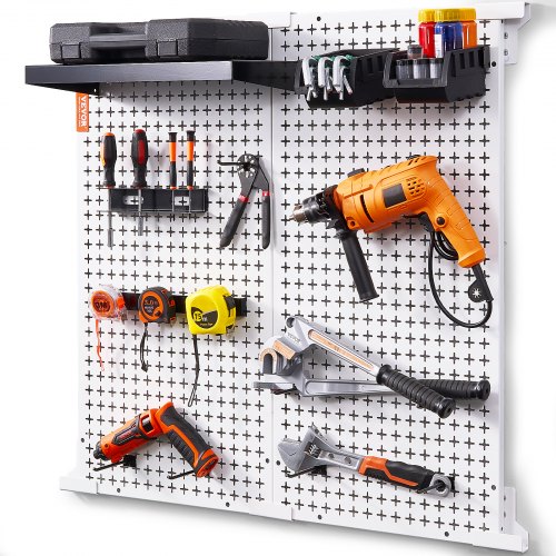 VEVOR Organizador de Pared Tablero Perforado de Garaje 814x814mm Carga 150kg Soporte de Pared de Metal 25 Piezas con 2 Tableros Perforados, Ganchos, Contenedores de Almacenamiento para Almacén, Tienda