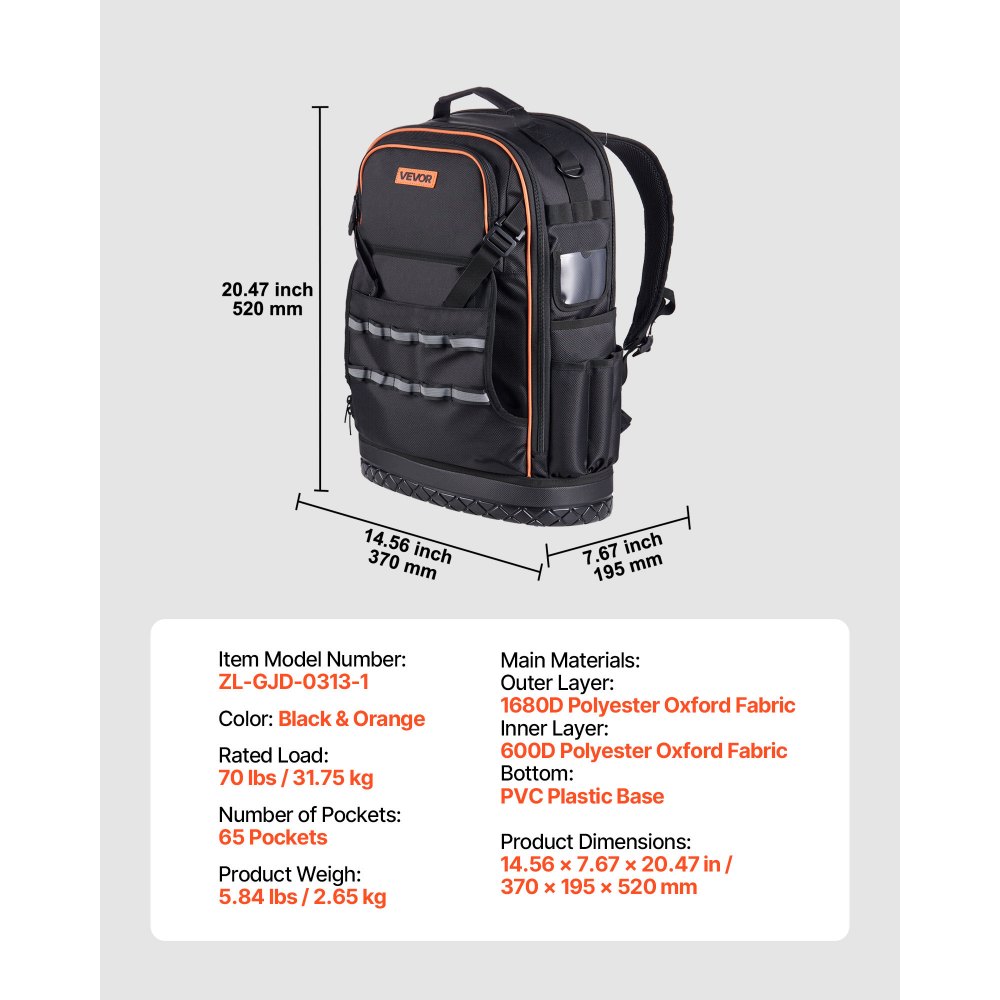 VEVOR Mochila para Herramientas, Mochila de Trabajo 370 x 195 x 520 mm con 65 Bolsillos, Compartimento para Portátil y Base Moldeada, Organizador de Herramientas para Electricistas, Reparadores