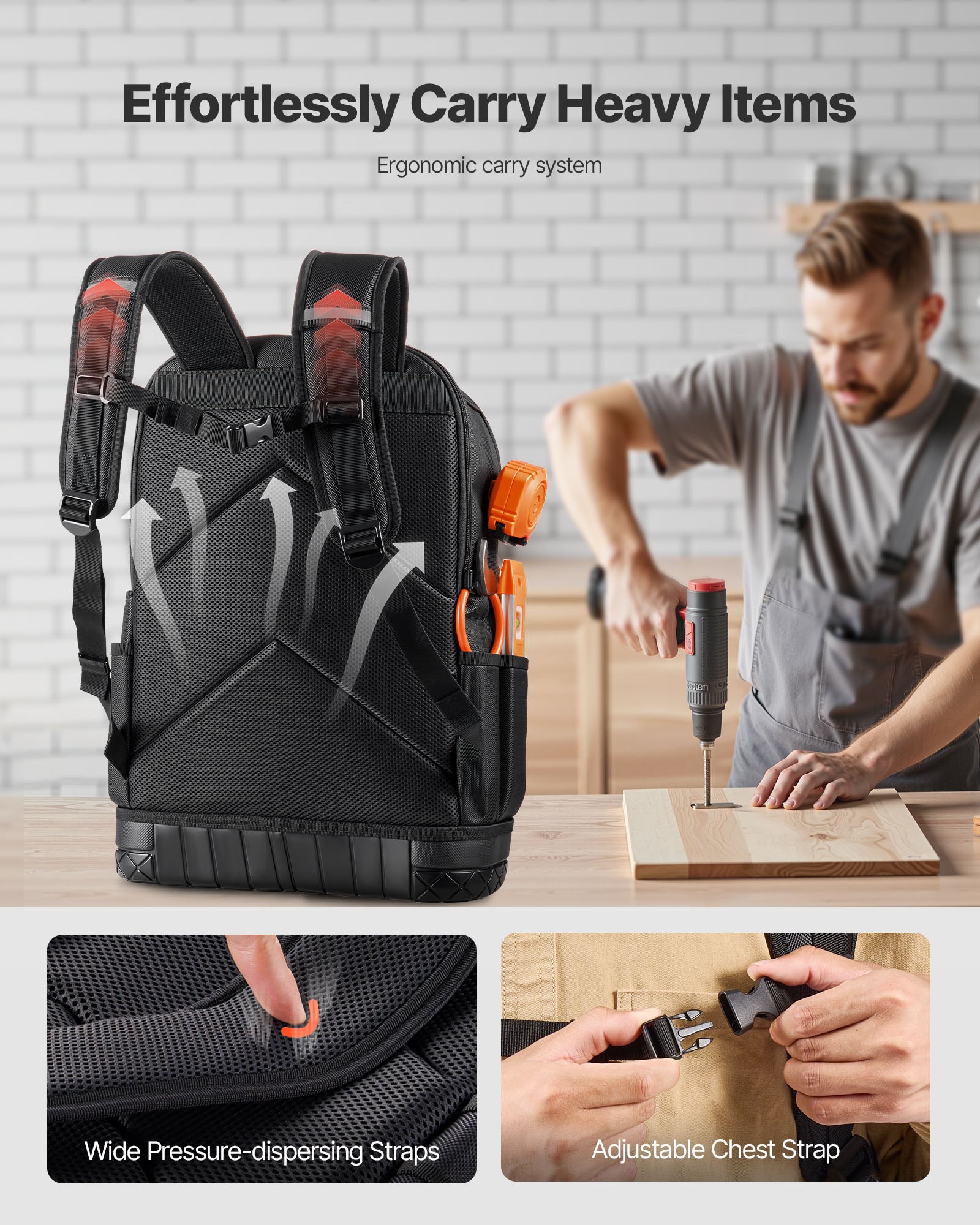 VEVOR Mochila para Herramientas, Mochila de Trabajo 370 x 195 x 520 mm con 65 Bolsillos, Compartimento para Portátil y Base Moldeada, Organizador de Herramientas para Electricistas, Reparadores